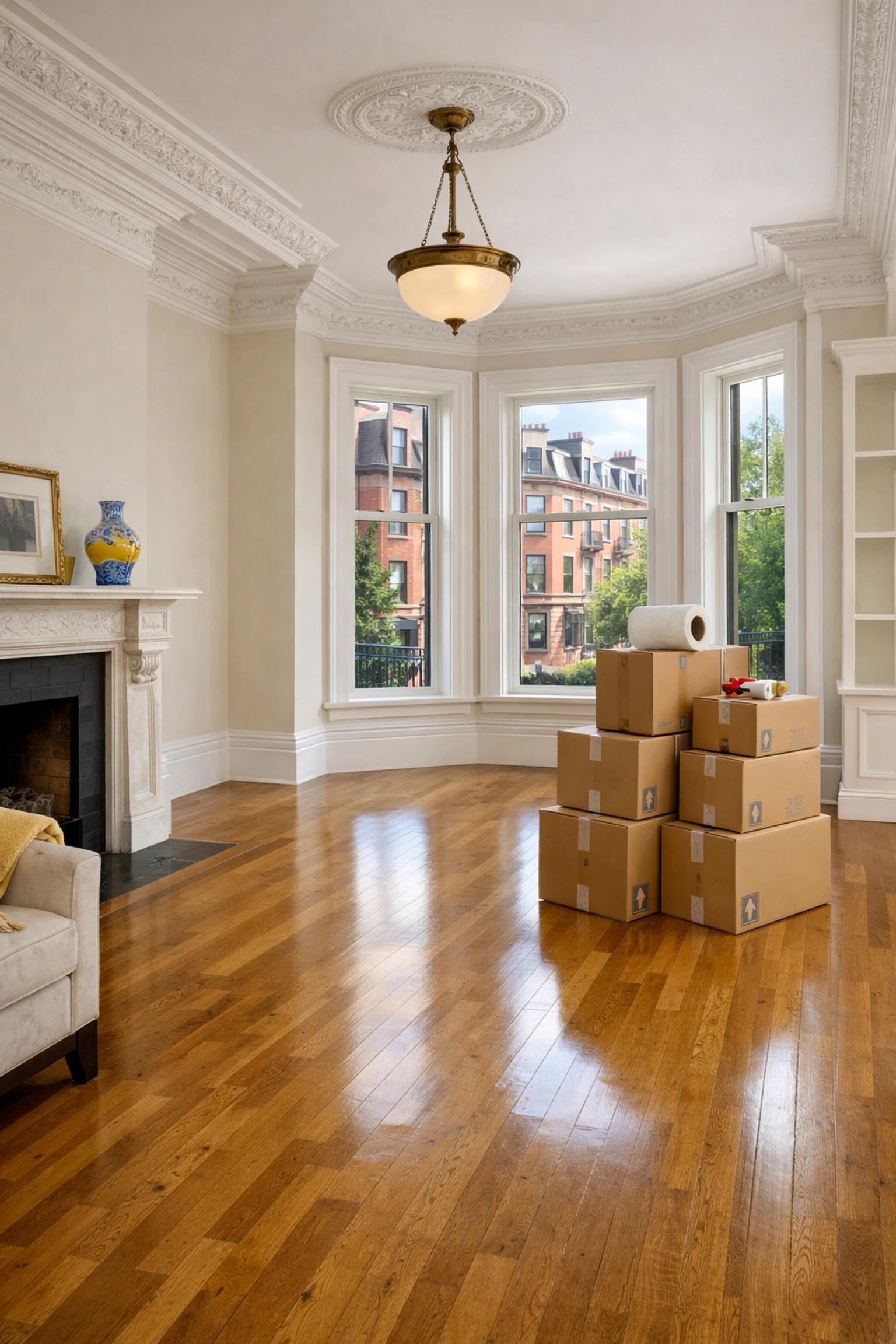 Pristine Boston brownstone interior with polished floors after professional apartment cleaning Boston.