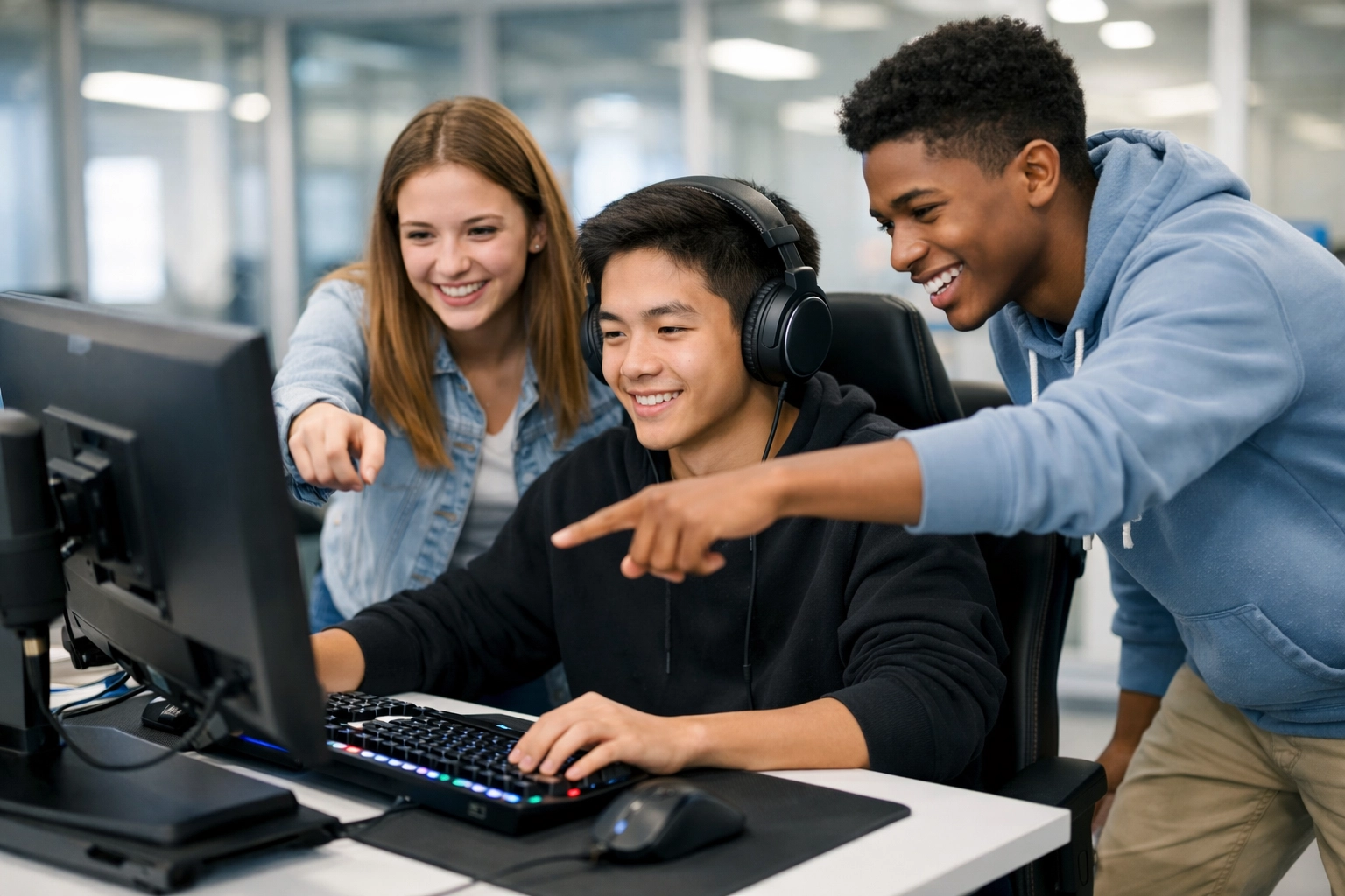 High school students collaborating in a high-tech STEM and esports lab powered by Dakdan Worldwide.