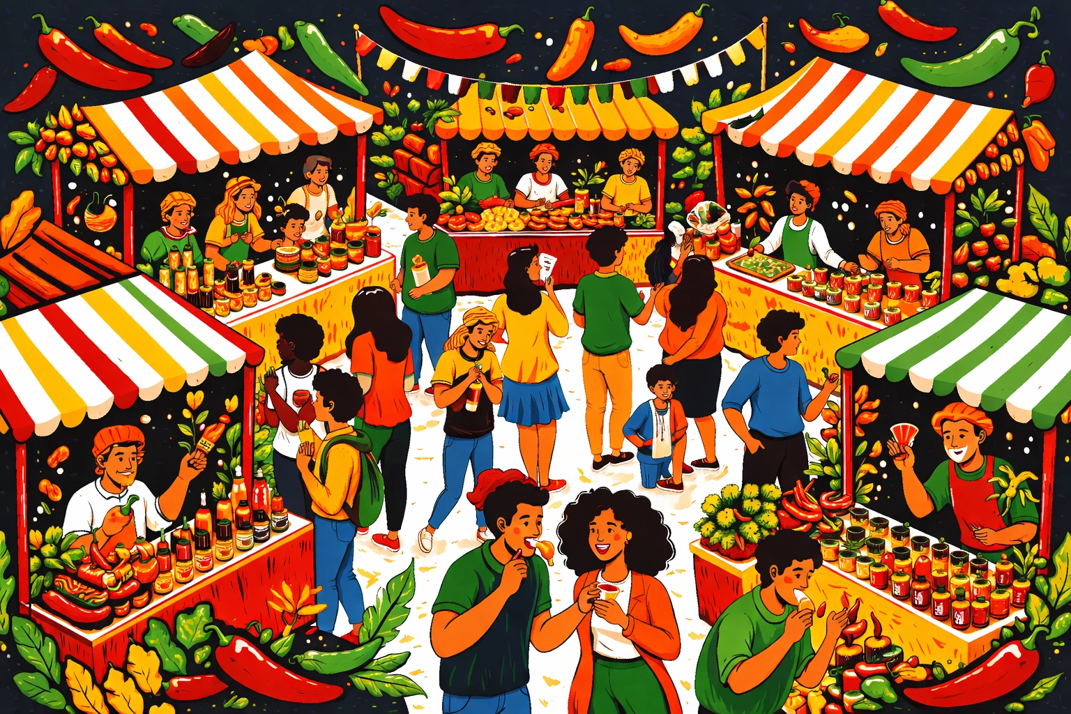 Crowds enjoying a bustling chilli festival with artisan vendors selling hot sauces and fresh peppers