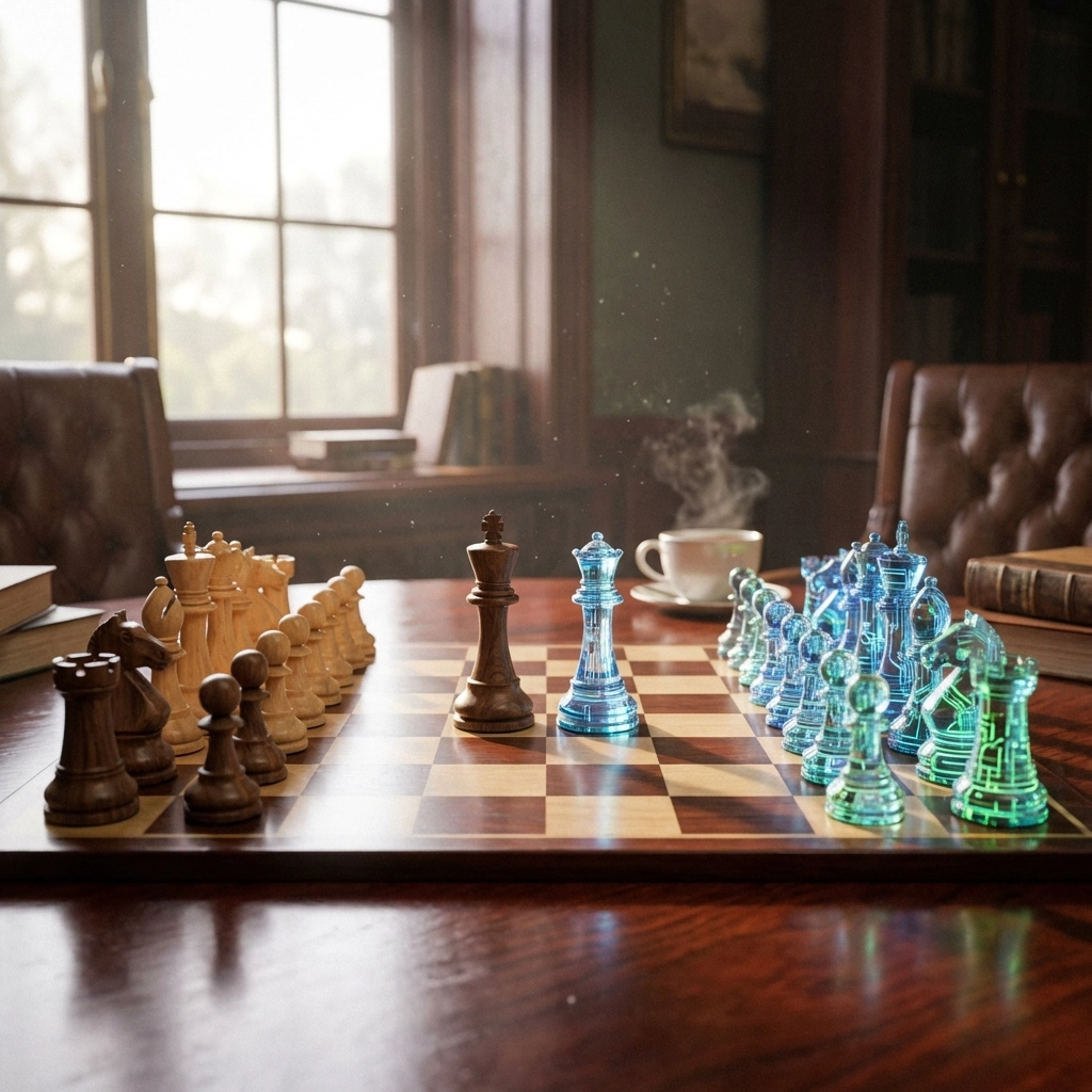 Chess board with classic and modern pieces depicting strategic investment decisions and evolving portfolio management approaches