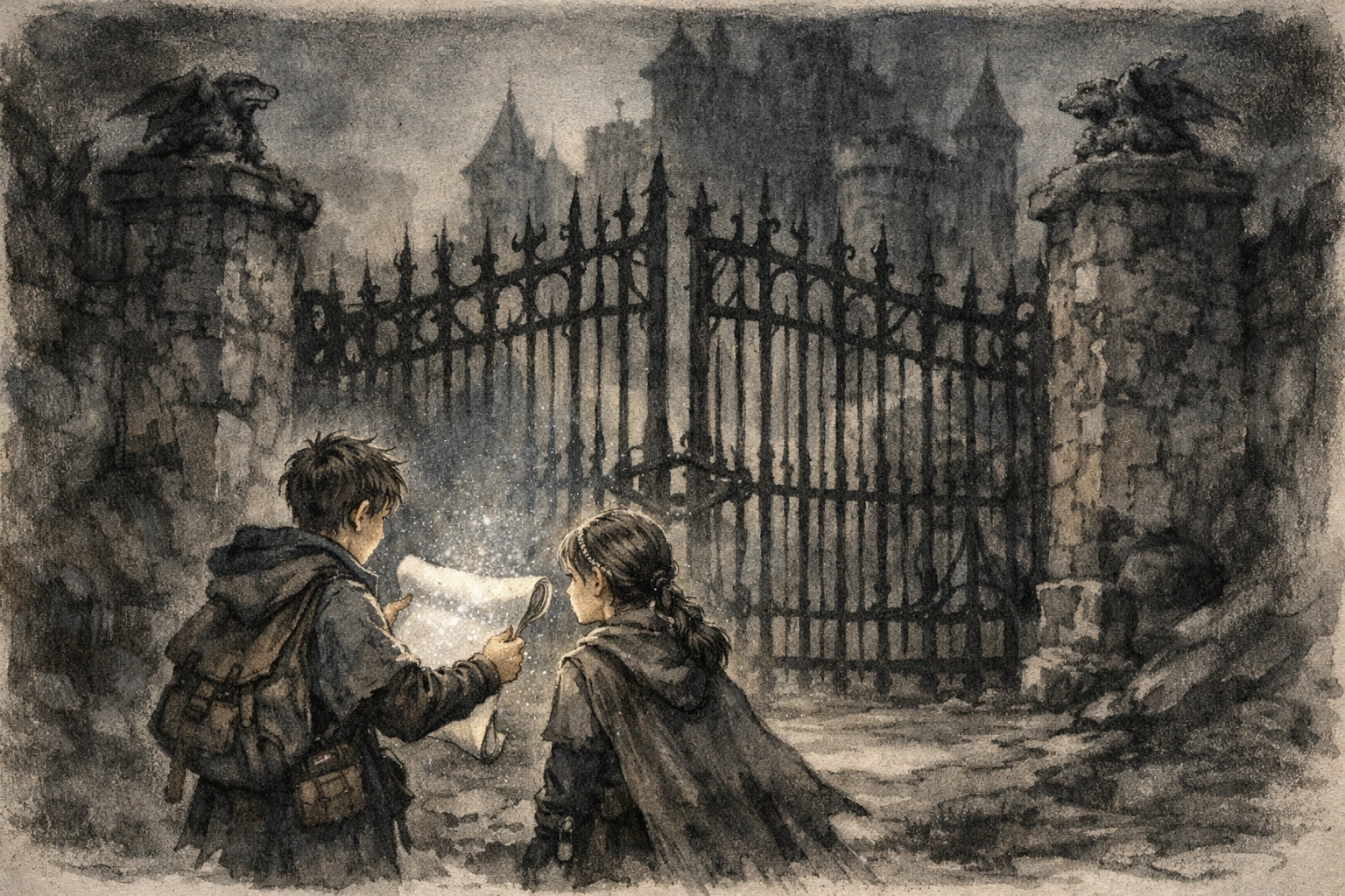Two young messengers holding a glowing scroll of peace before a large iron fortress gate.