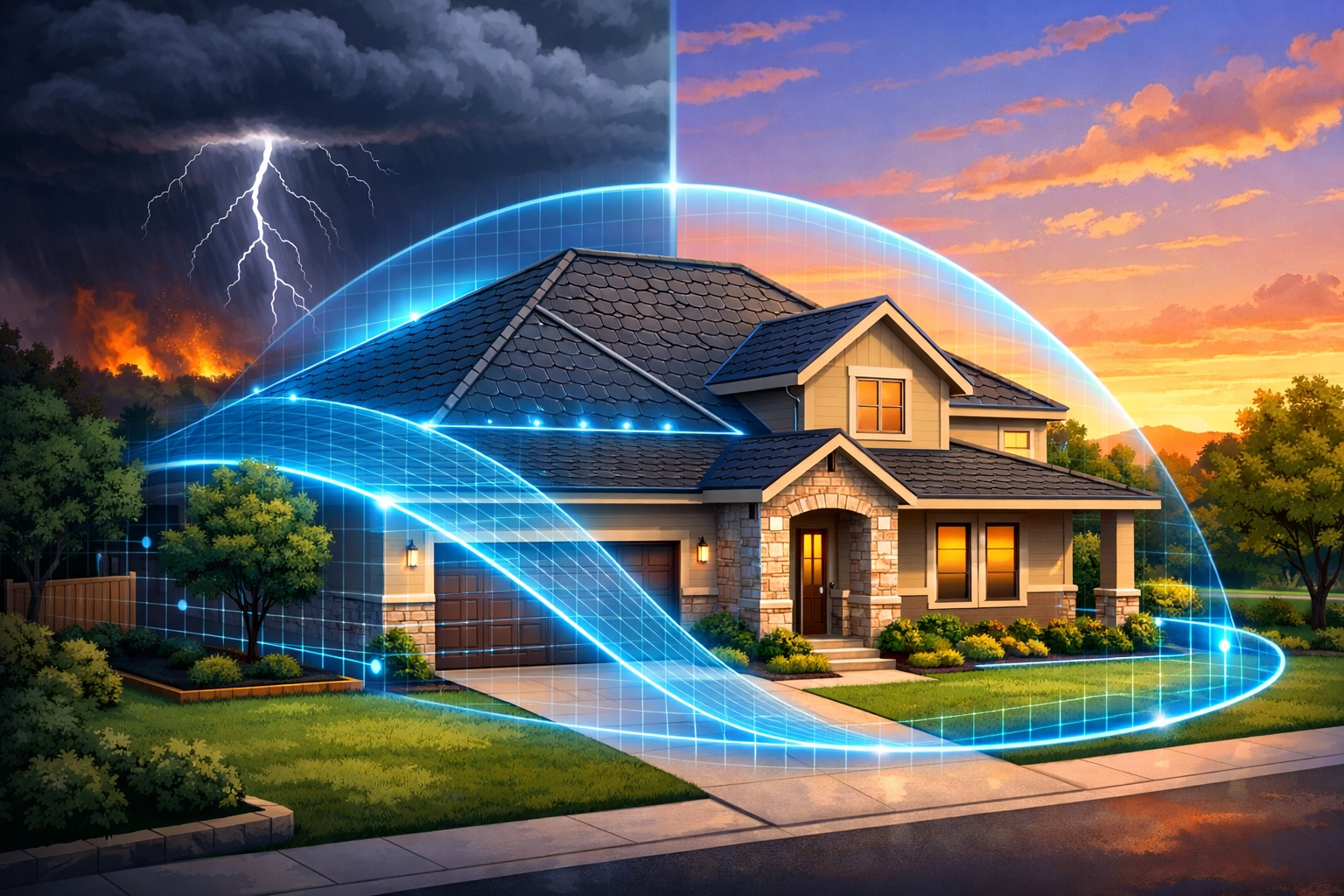 Suburban home with digital risk scan representing 2026 insurance transparency and storm data models.