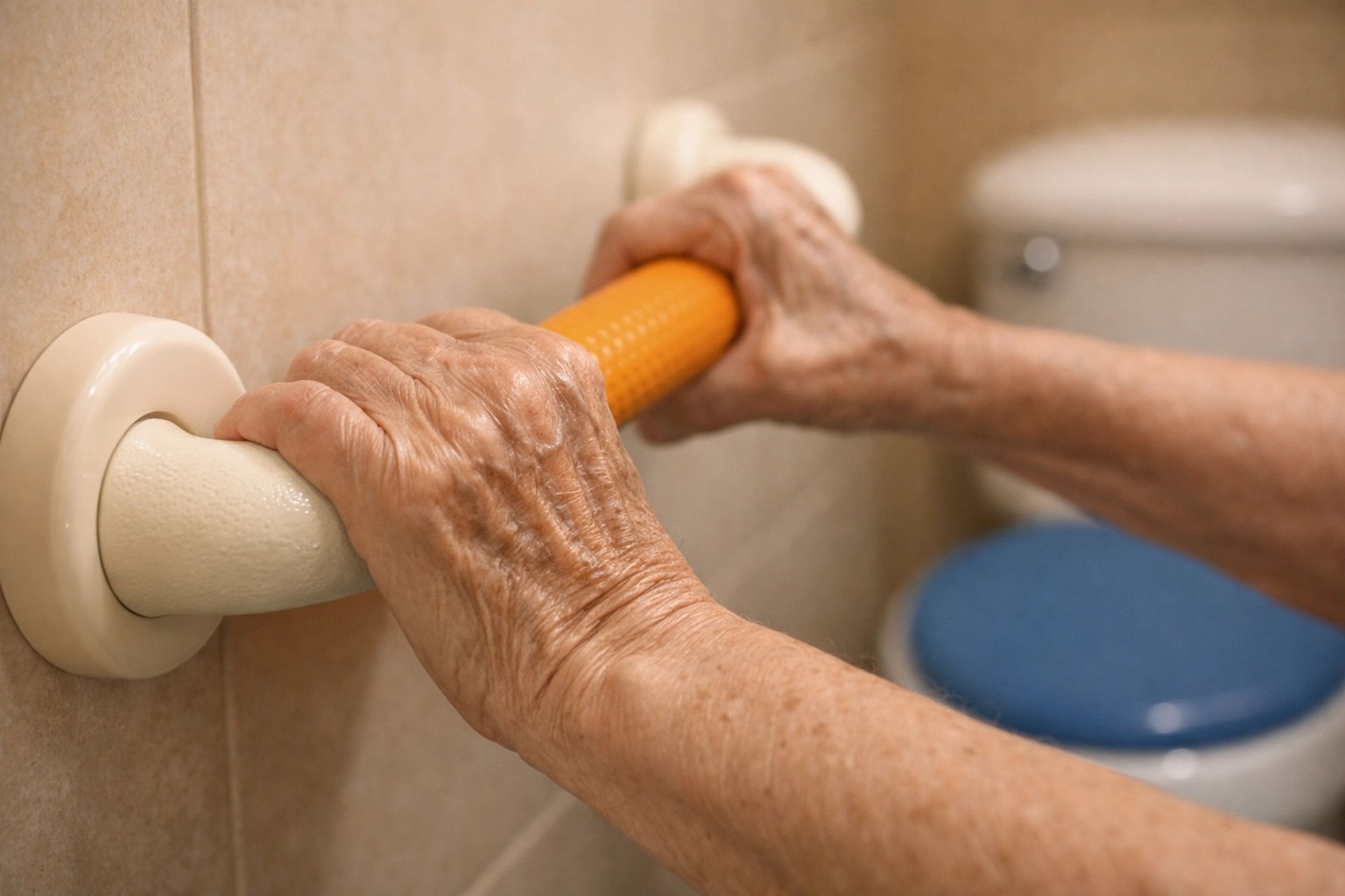 Senior gripping bathroom grab bar for stability and fall prevention support