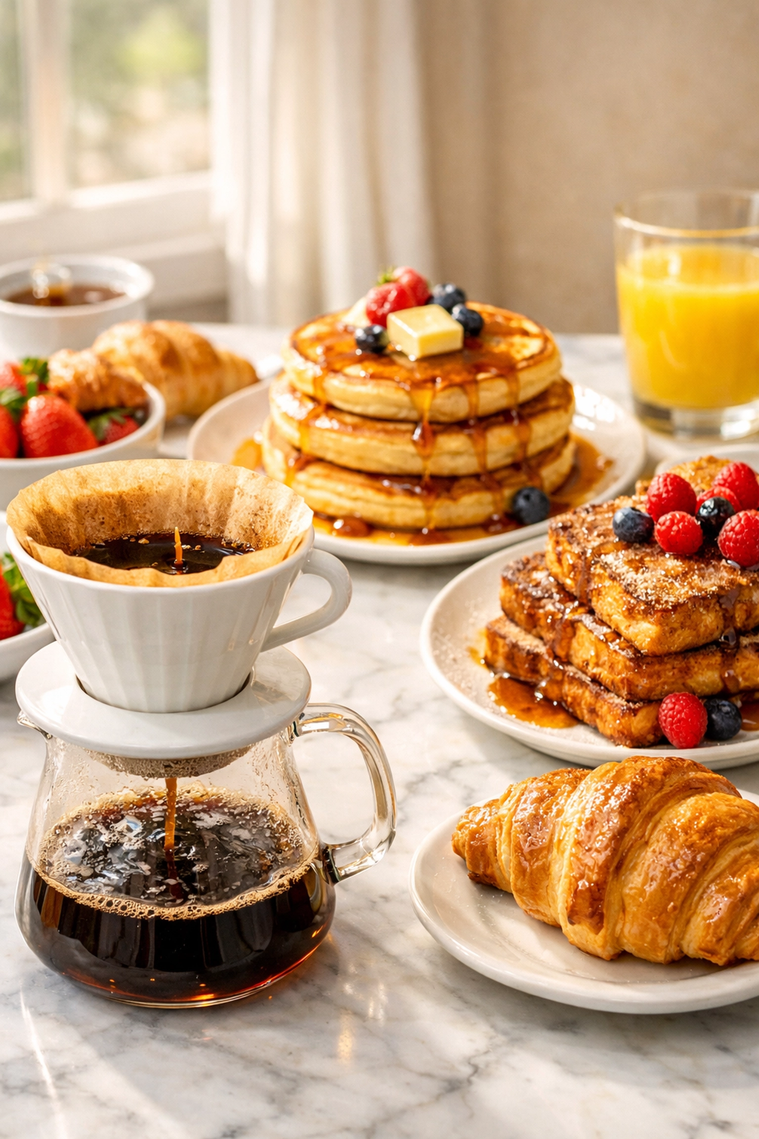 Weekend brunch spread with croissants, pancakes, and French toast paired with pour-over coffee