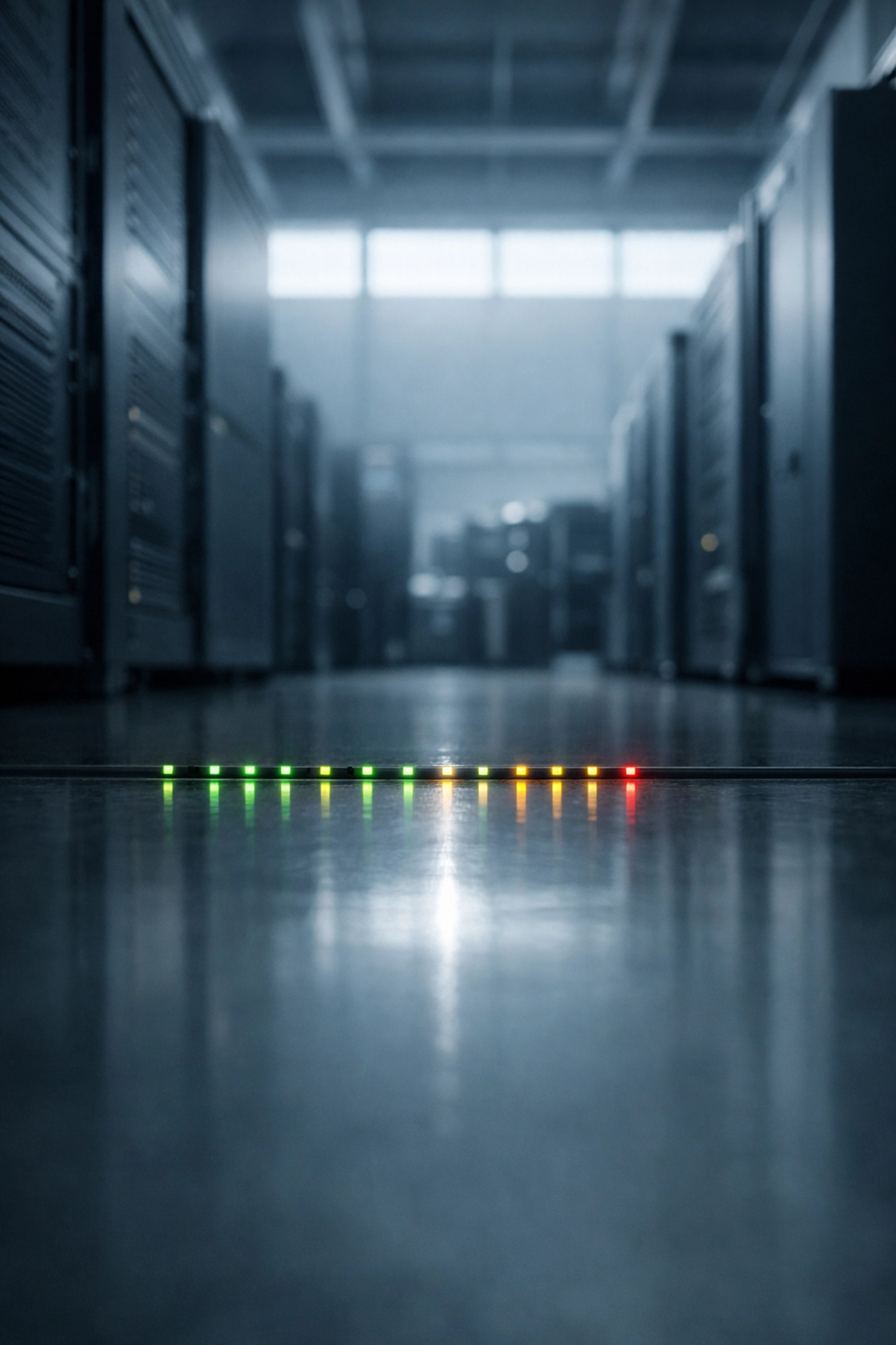 Modern server room monitoring lights illustrating data-driven risk assessment and safety vigilance.