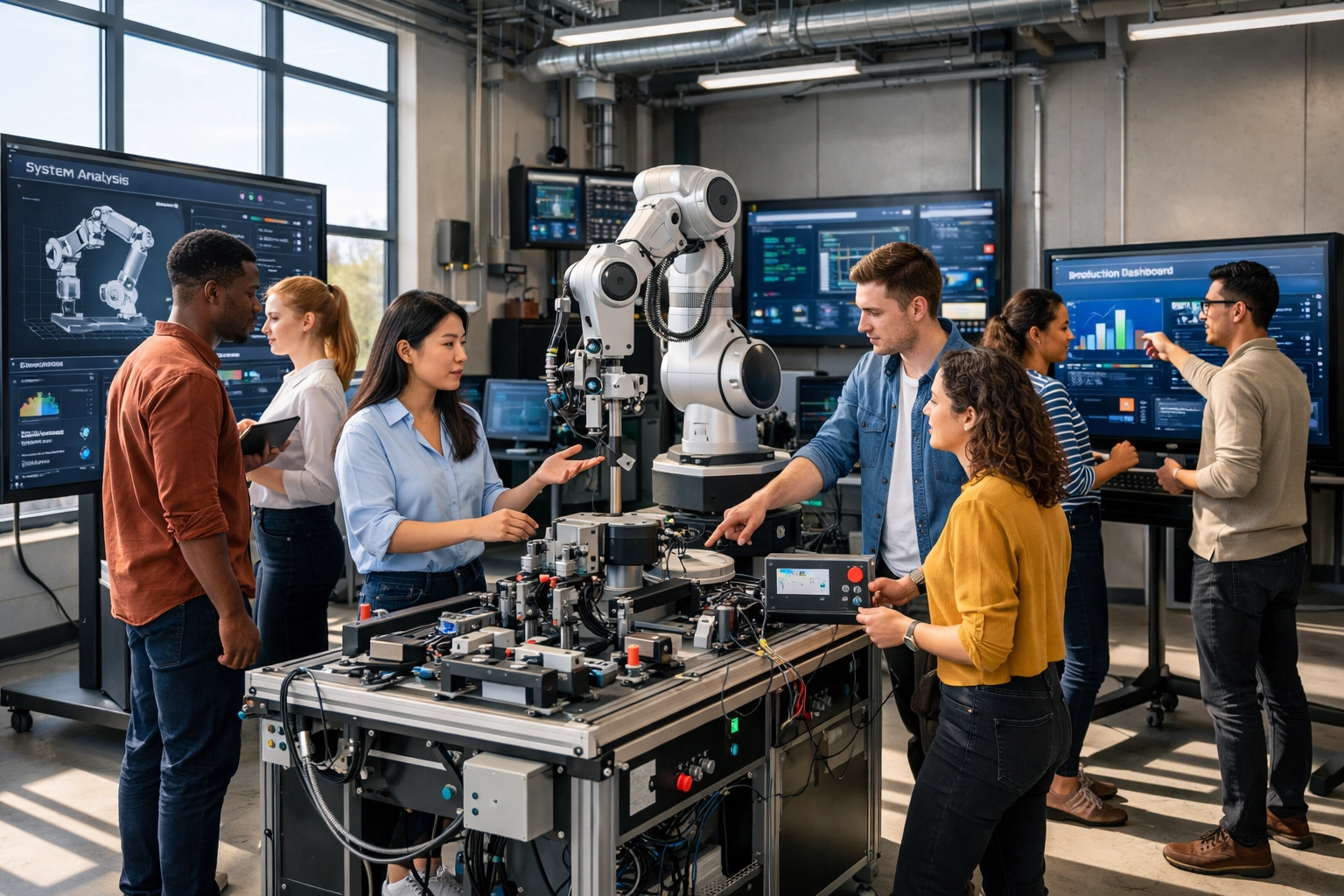 Professionals collaborating in a modern technical training facility to bridge the workforce skills gap.