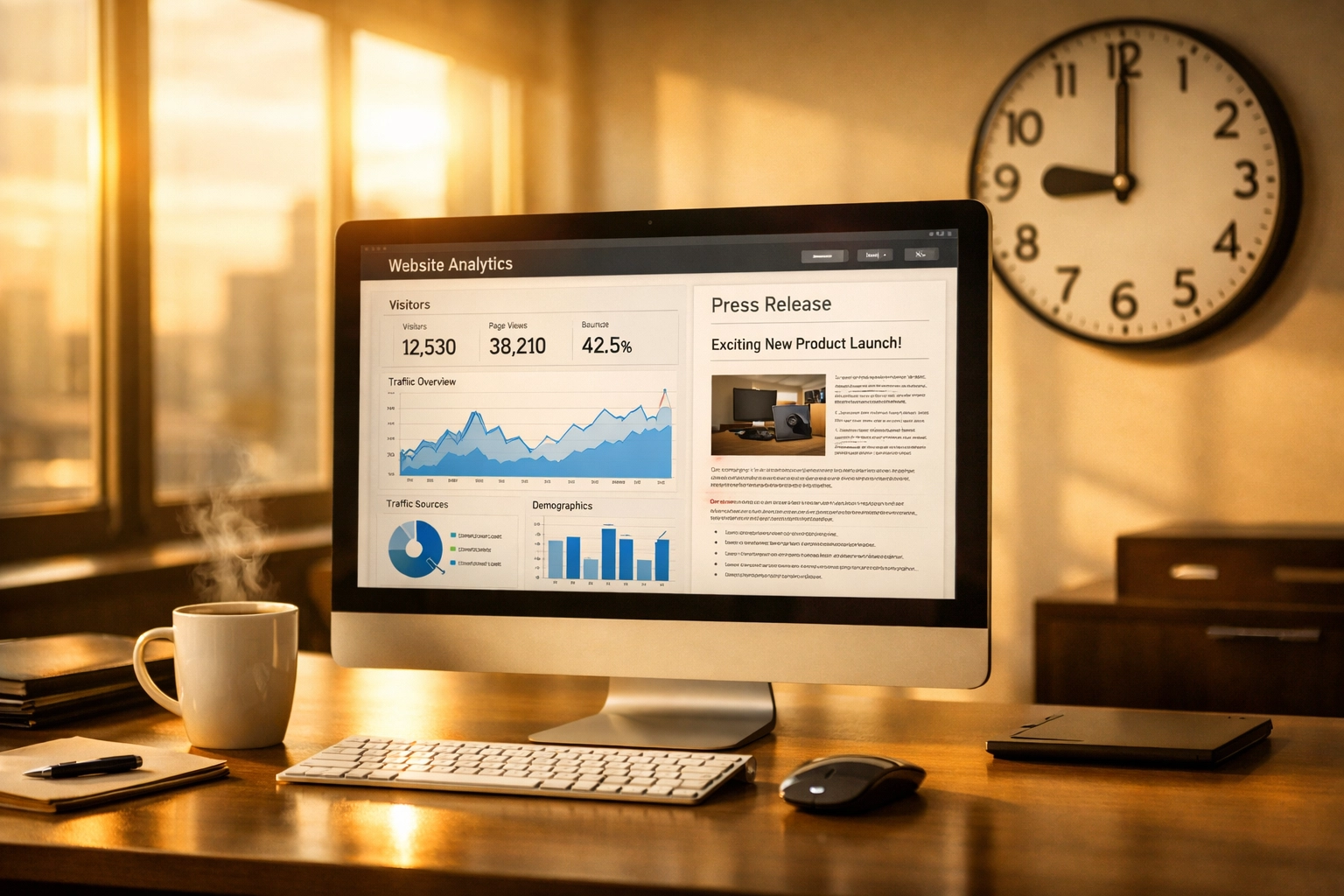 Morning workspace showing press release automation dashboard at 9AM for sports marketing agencies
