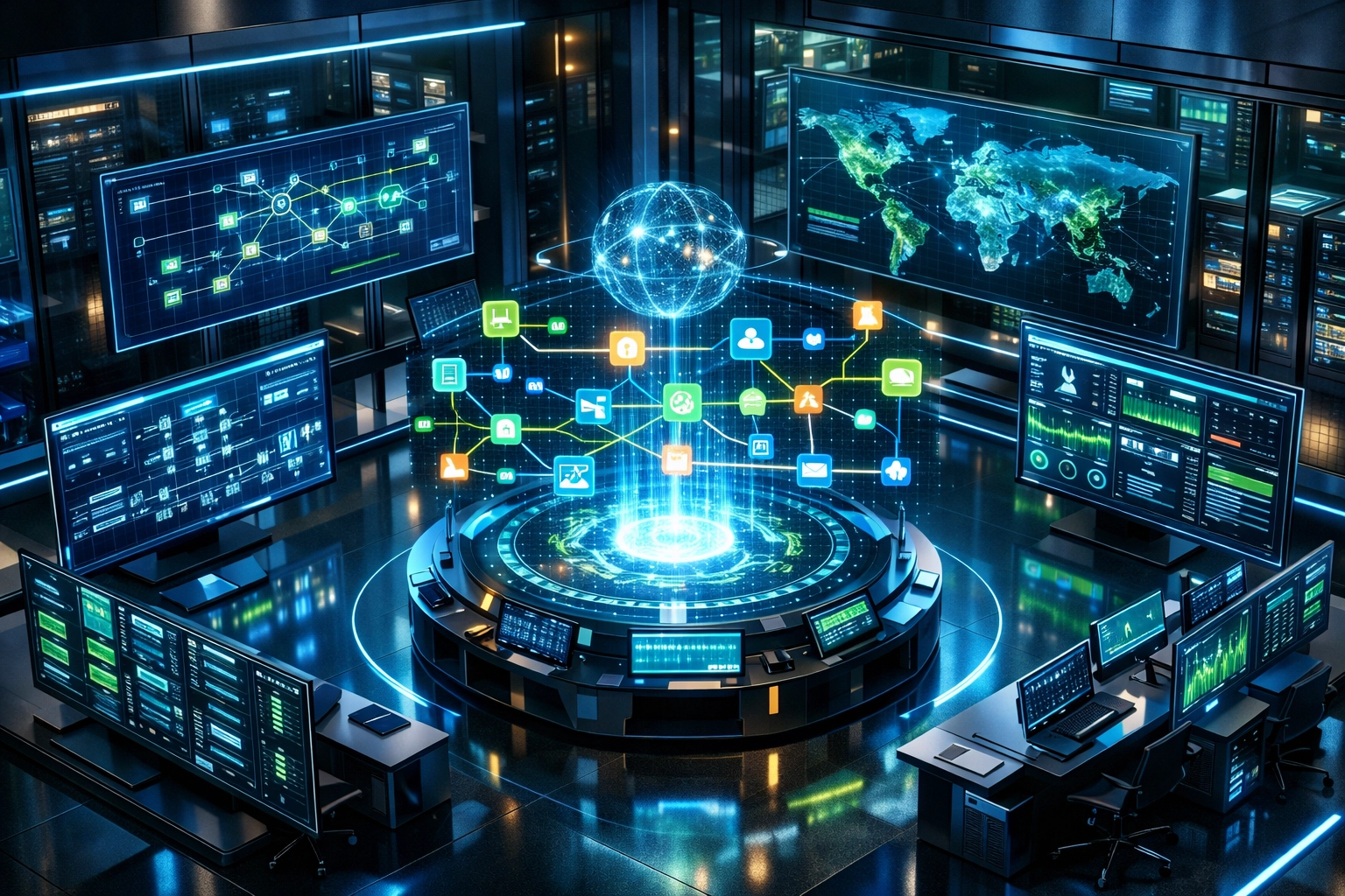 ITOM operations center displaying ServiceNow monitoring dashboards and infrastructure automation workflows