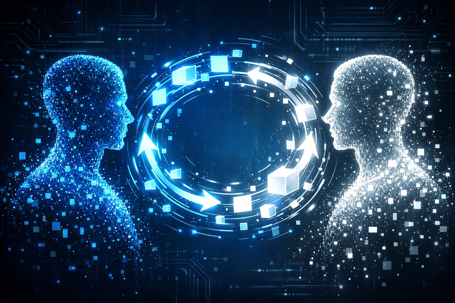 Digital figures exchanging information representing active Google Business Profile Q&A and customer communication.
