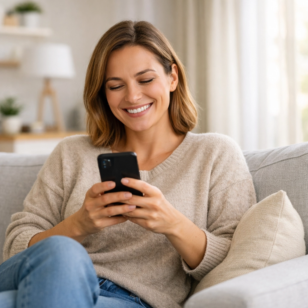 Smiling person using a phone to get a quick emergency loan Canada and rebuild credit.