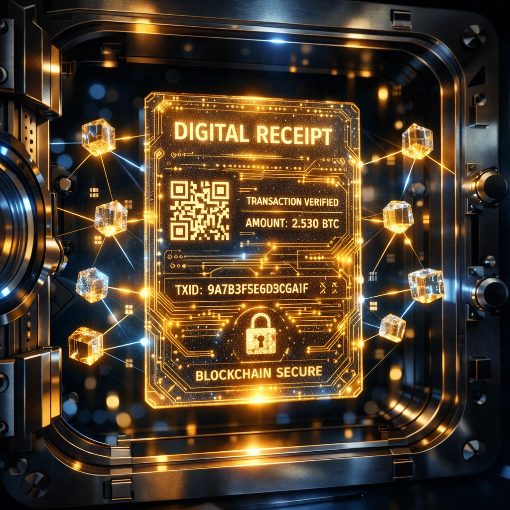 Secure NFT receipt with golden circuitry representing immutable blockchain transaction data for metaverse commerce.