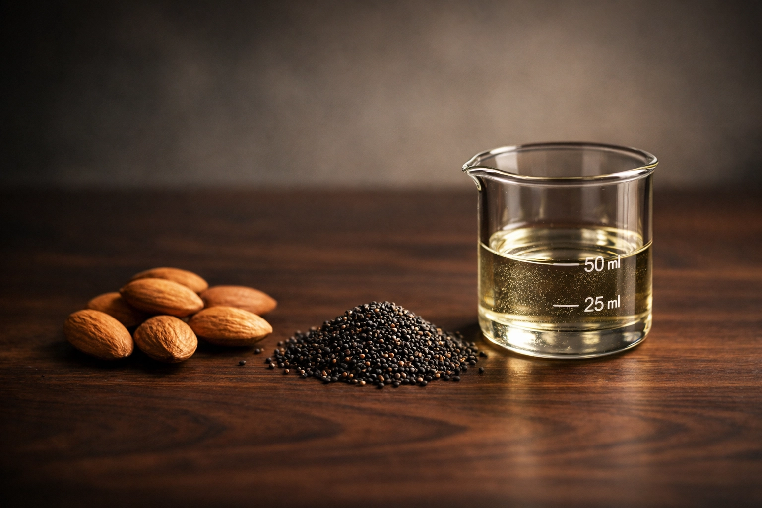 Natural ingredients like broccoli seeds and almonds displayed for high-performance beard oil formulations.