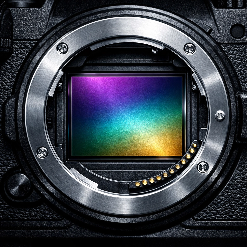 Detailed mirrorless camera sensor view, highlighting technology often discussed in photography tutorials.