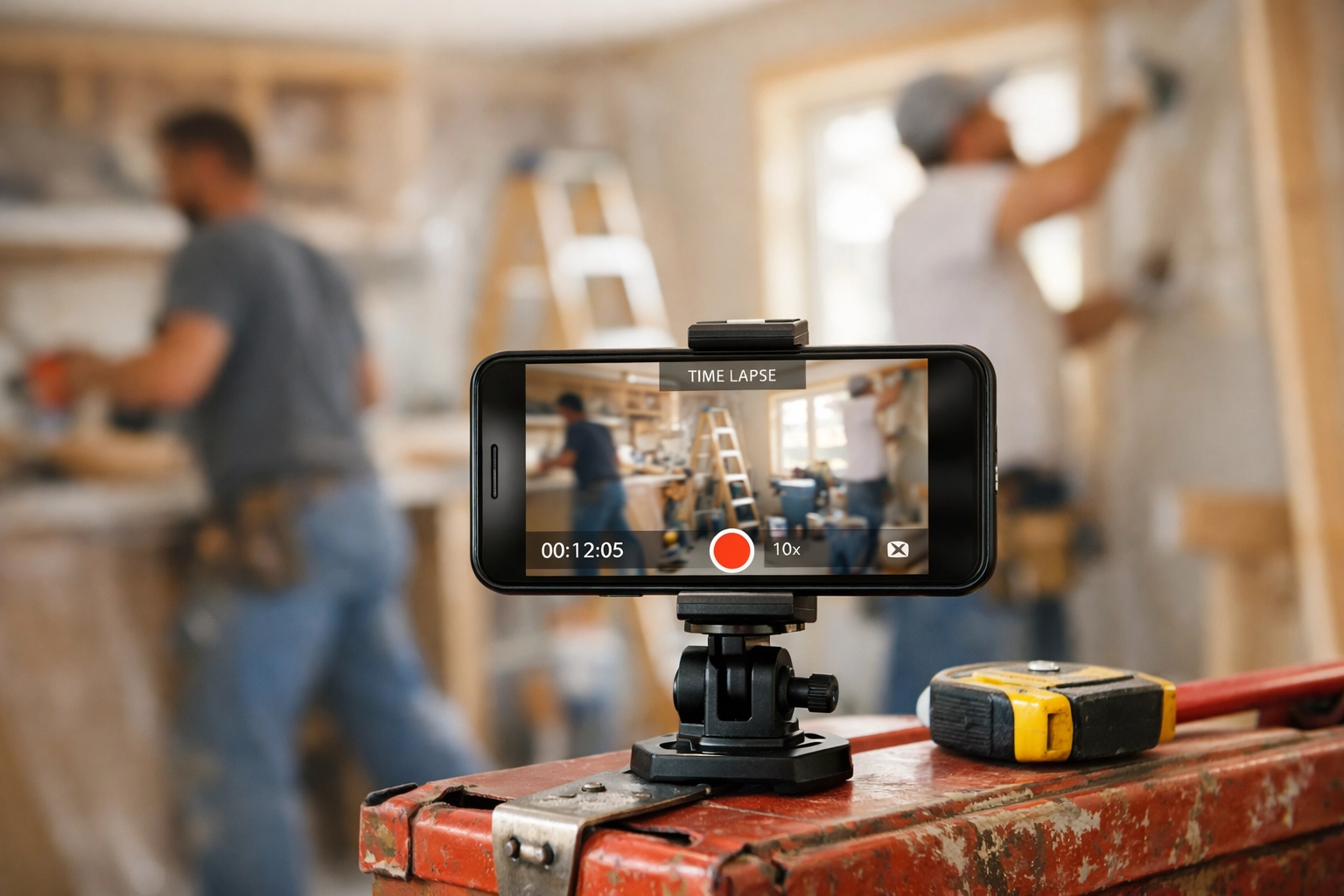 Smartphone recording time-lapse video of home renovation work in progress on job site