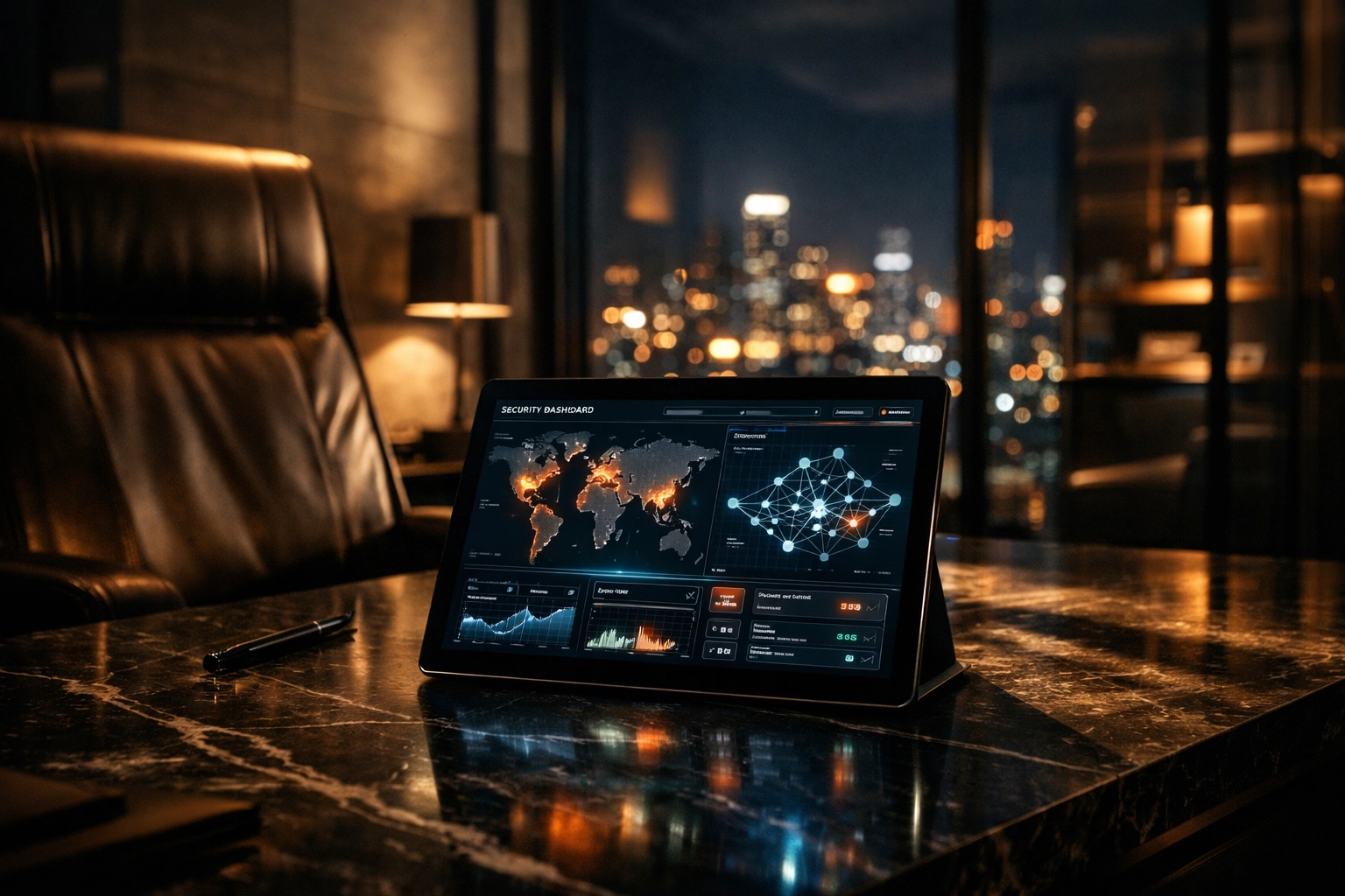 Cloud-based commercial security management platform on a tablet in a modern office.