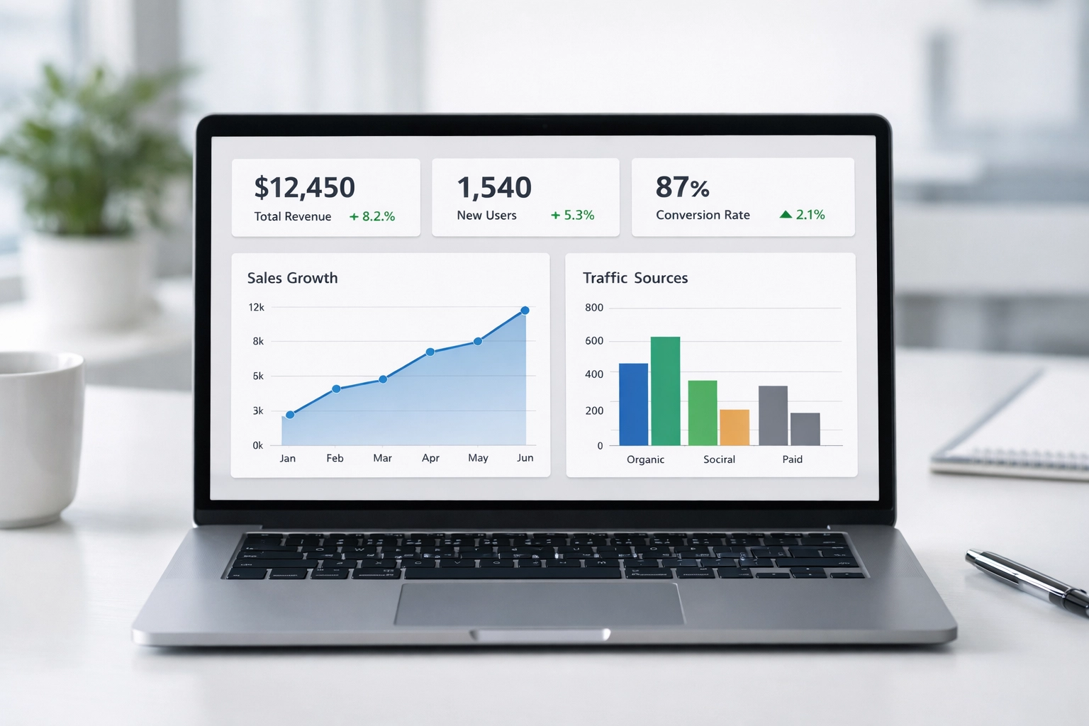 A clean data dashboard on a laptop with simple charts and KPIs, representing clearer reporting.