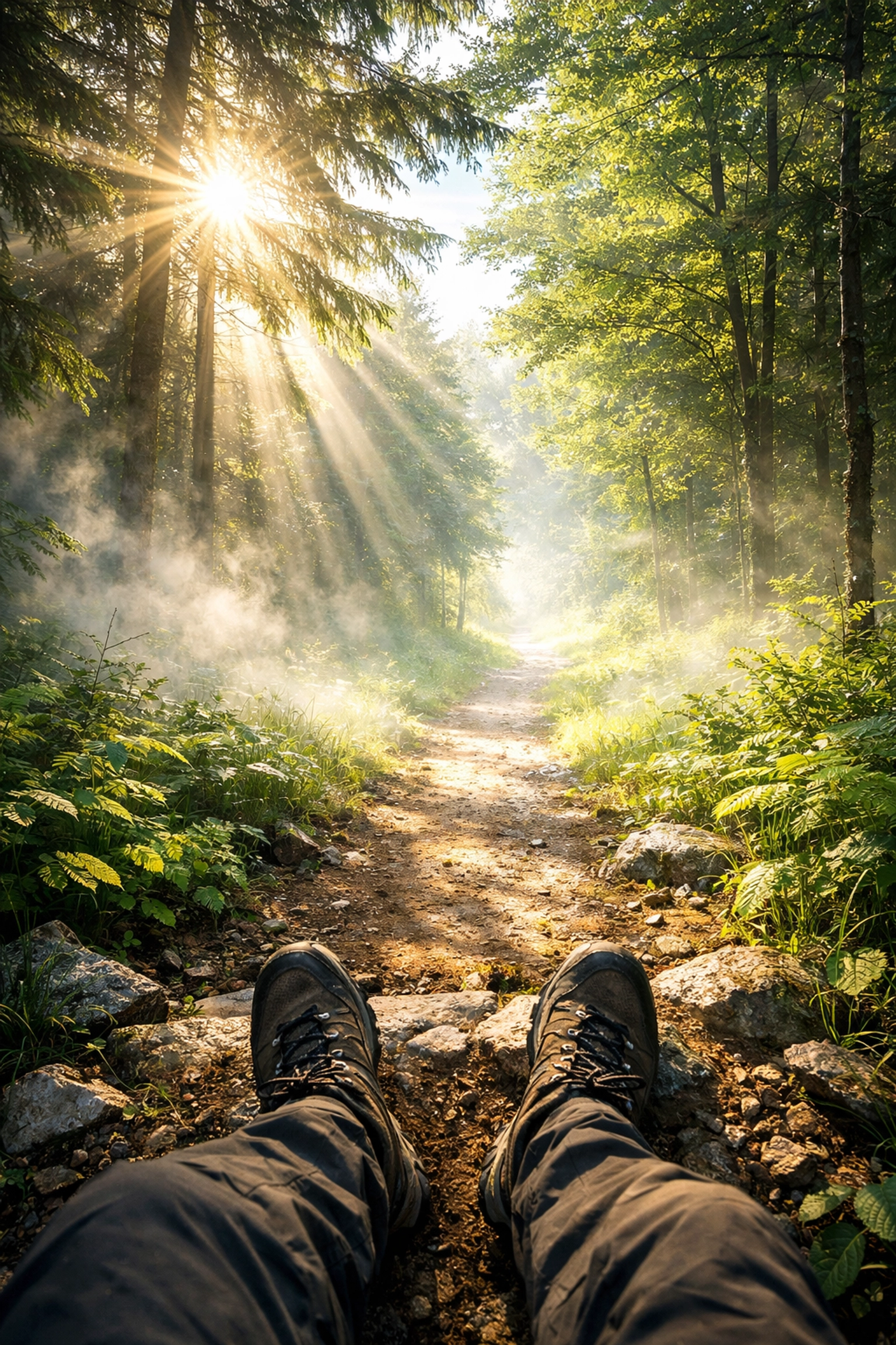 Sunlight breaking through forest fog, representing the clearing of brain fog after successful concussion treatment.