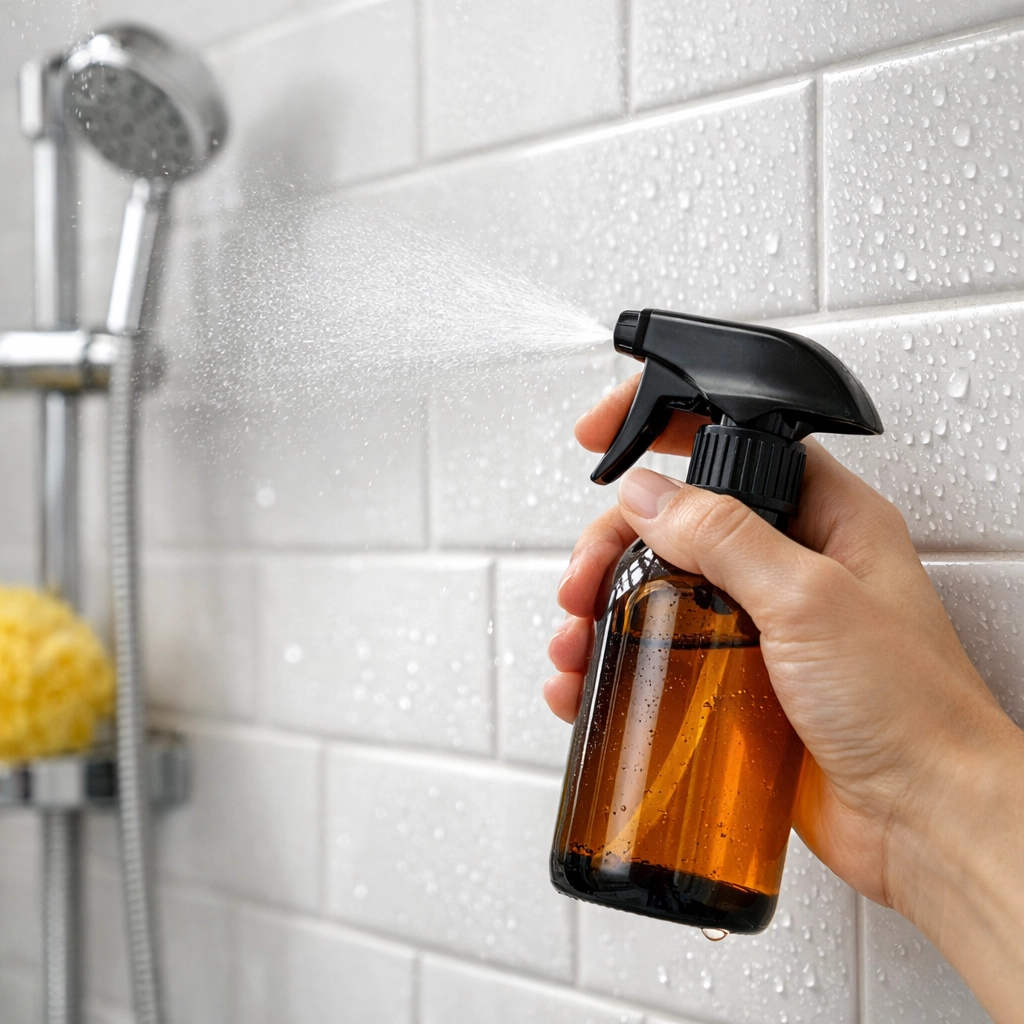 Hand spraying a natural tea tree oil solution on white shower tiles to remove bathroom mildew.
