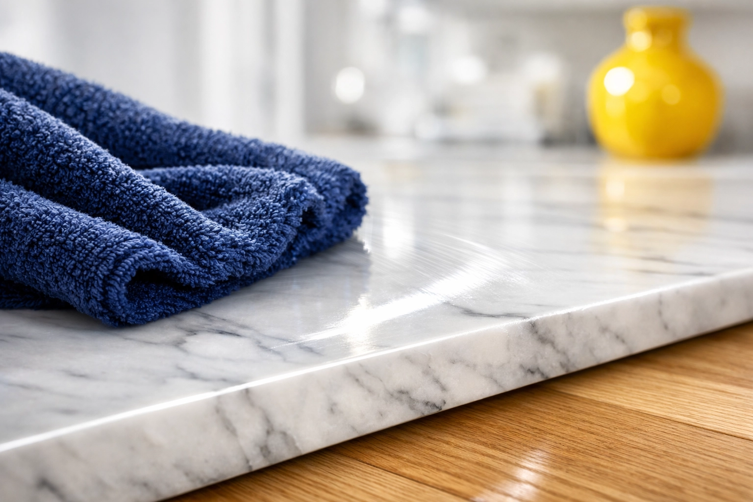 Cleaning a luxury marble countertop with a microfiber cloth after a home renovation in Massachusetts.