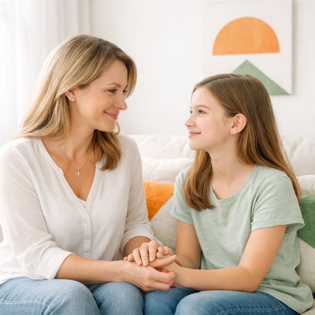 Christian mother having life skills conversation with preteen daughter at home