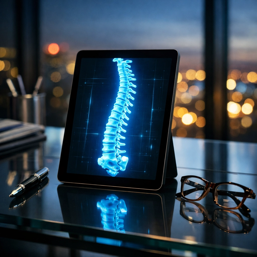 Tablet showing a medical spine model on a desk, representing objective medical evidence for disability insurance claims.