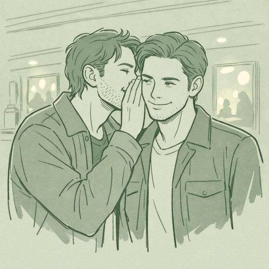 Two men sharing an intimate whisper in cinema lobby - MM romance date night scene