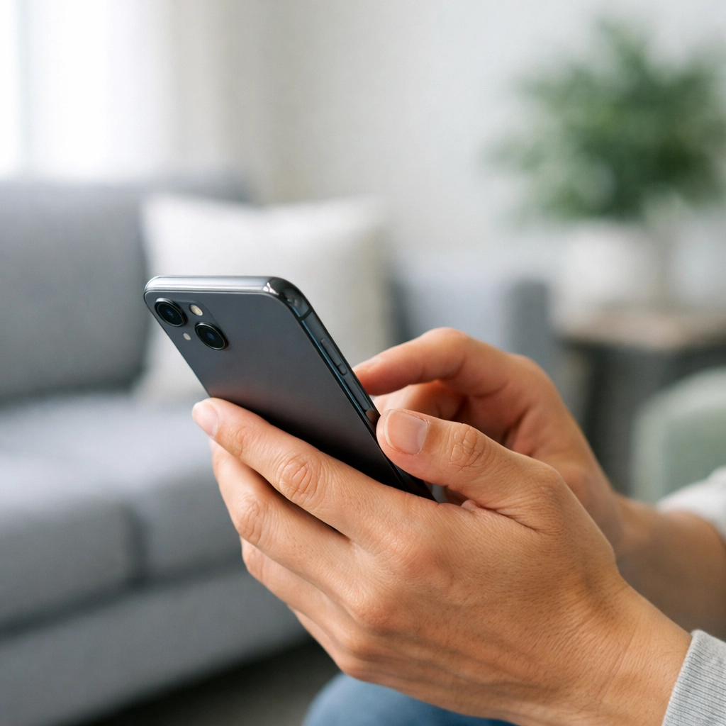 Applying for a payday loan online Alberta or Vancouver using a smartphone at home.