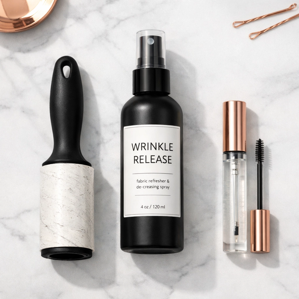 Essential photo shoot prep items: lint roller, wrinkle release spray, and eyebrow gel for portraits