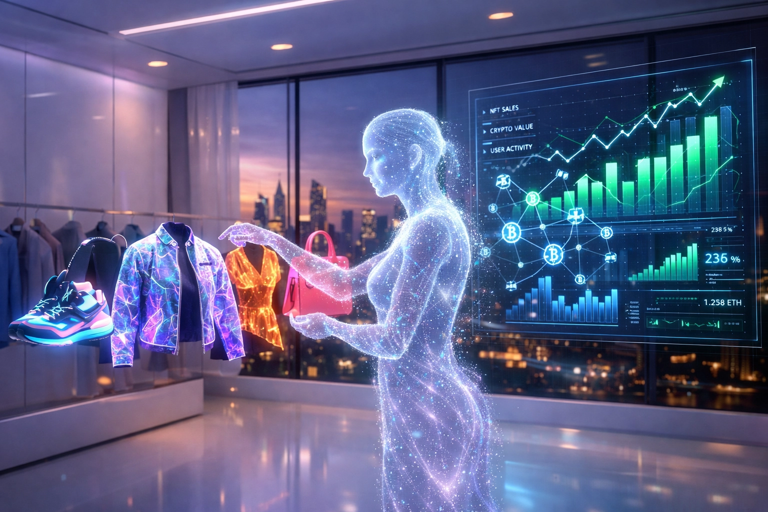AI-powered metaverse boutique featuring smart NFT shopping and real-time blockchain analytics.