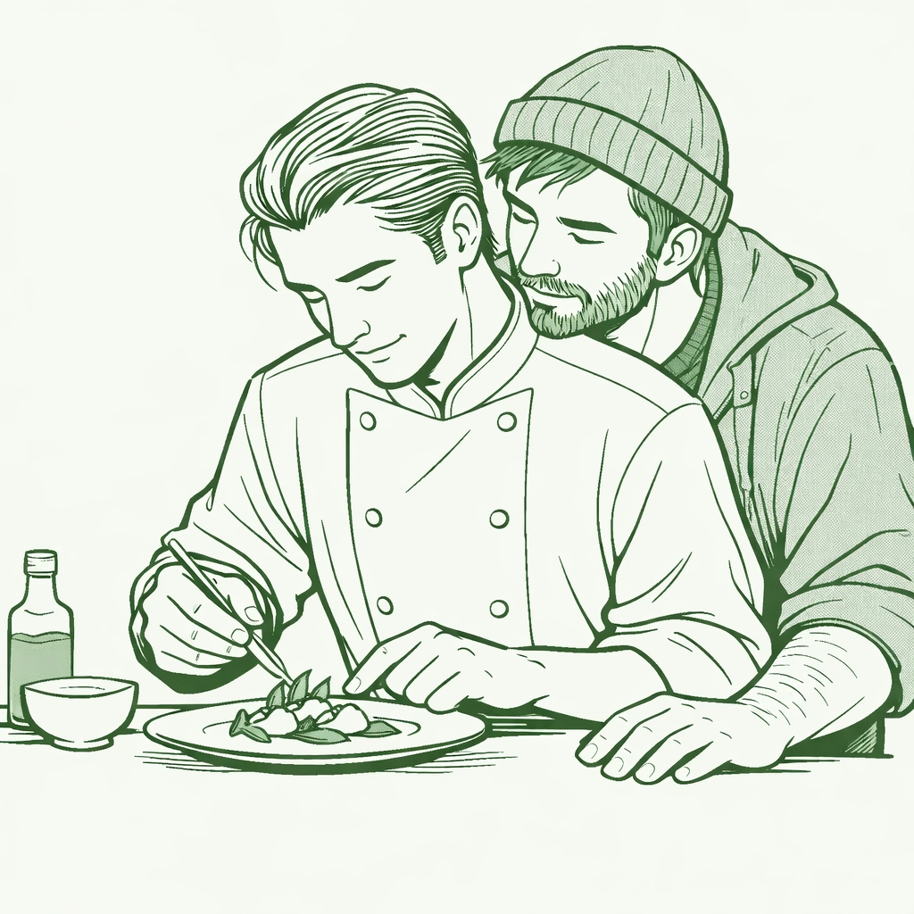 Chef and fisherman cooking together in intimate MM romance scene