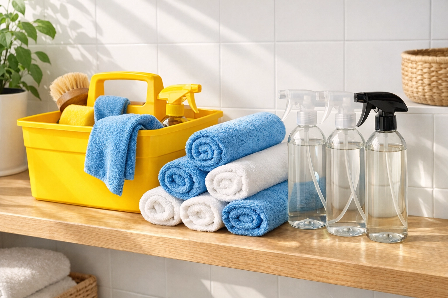 Sanitized house cleaning supplies in a Westford utility room ready for professional service.