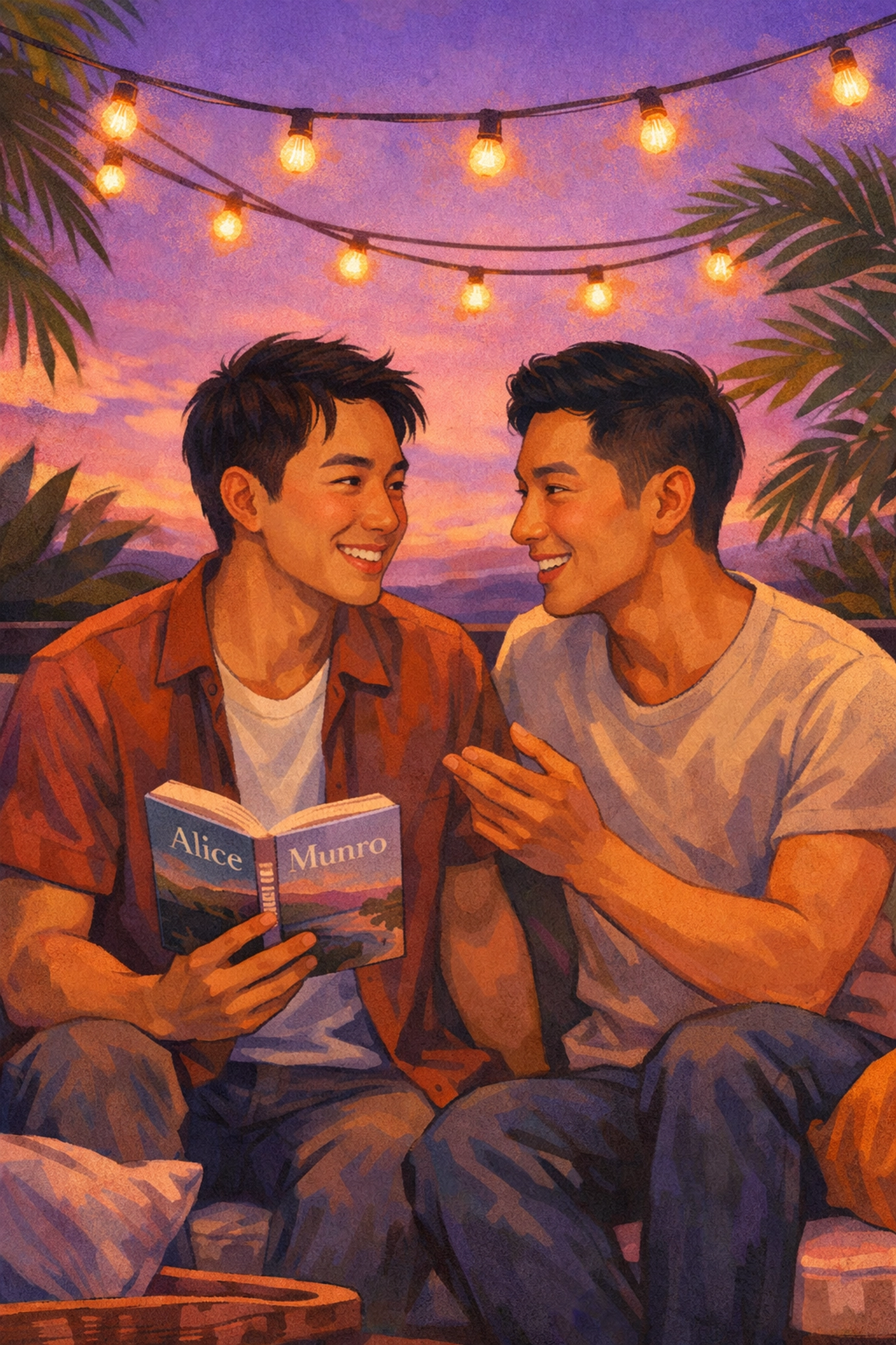 Noah and Will bonding over literature in Fire Island gay romance with emotional connection