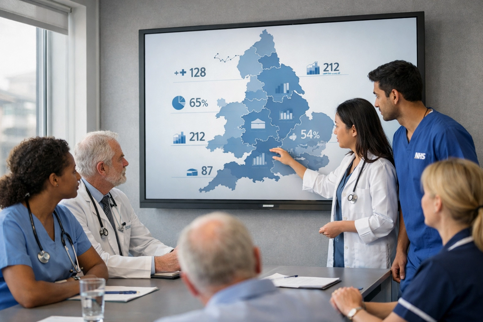 NHS clinicians reviewing regional respiratory data showing geographic disparities across England