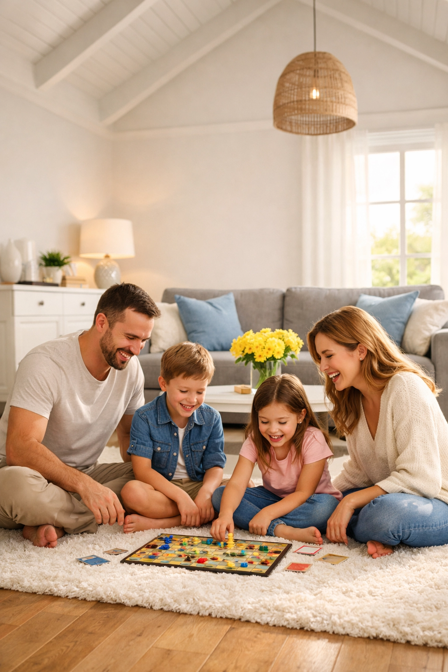 A happy family relaxing in a spotless living room after a weekly house cleaning Oakham MA session.