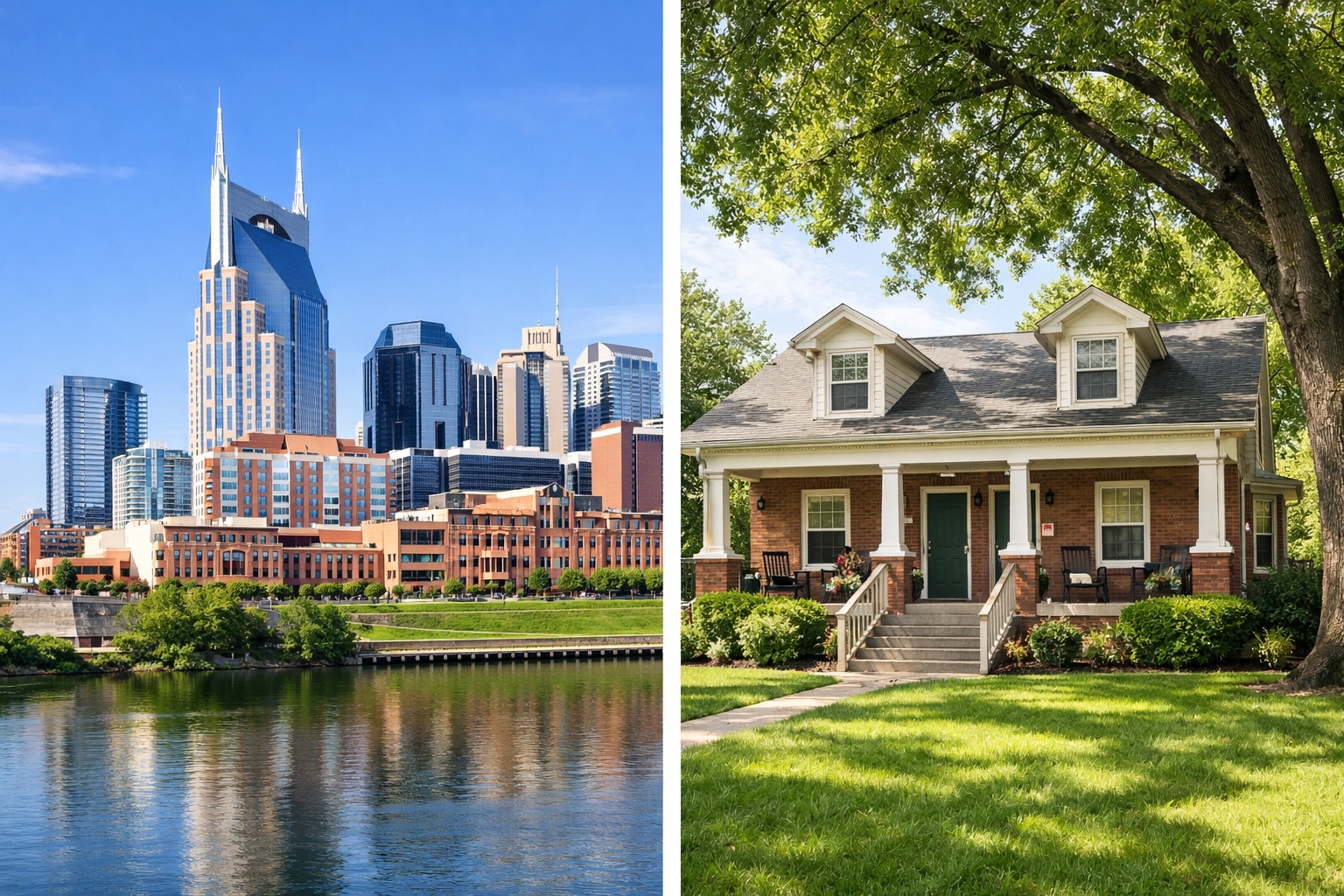 Nashville skyline and Memphis rental property illustrating appreciation and cash flow in Tennessee.
