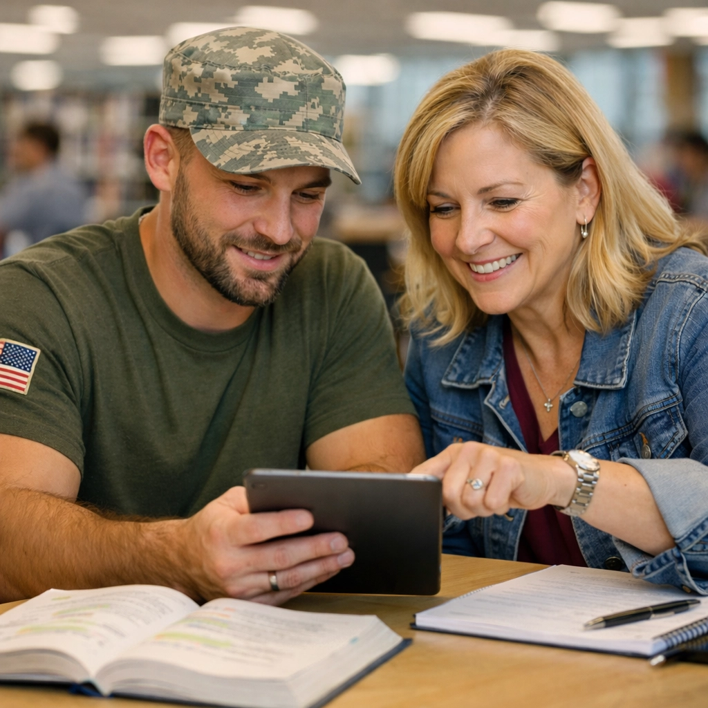 A military student receiving CLEP test prep guidance from a Learning Specialist in a library. (1x1, center safe zone)