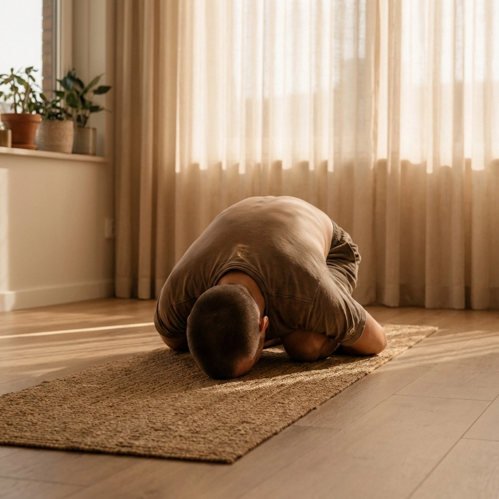 Person practicing naked yoga in child's pose during peaceful morning light