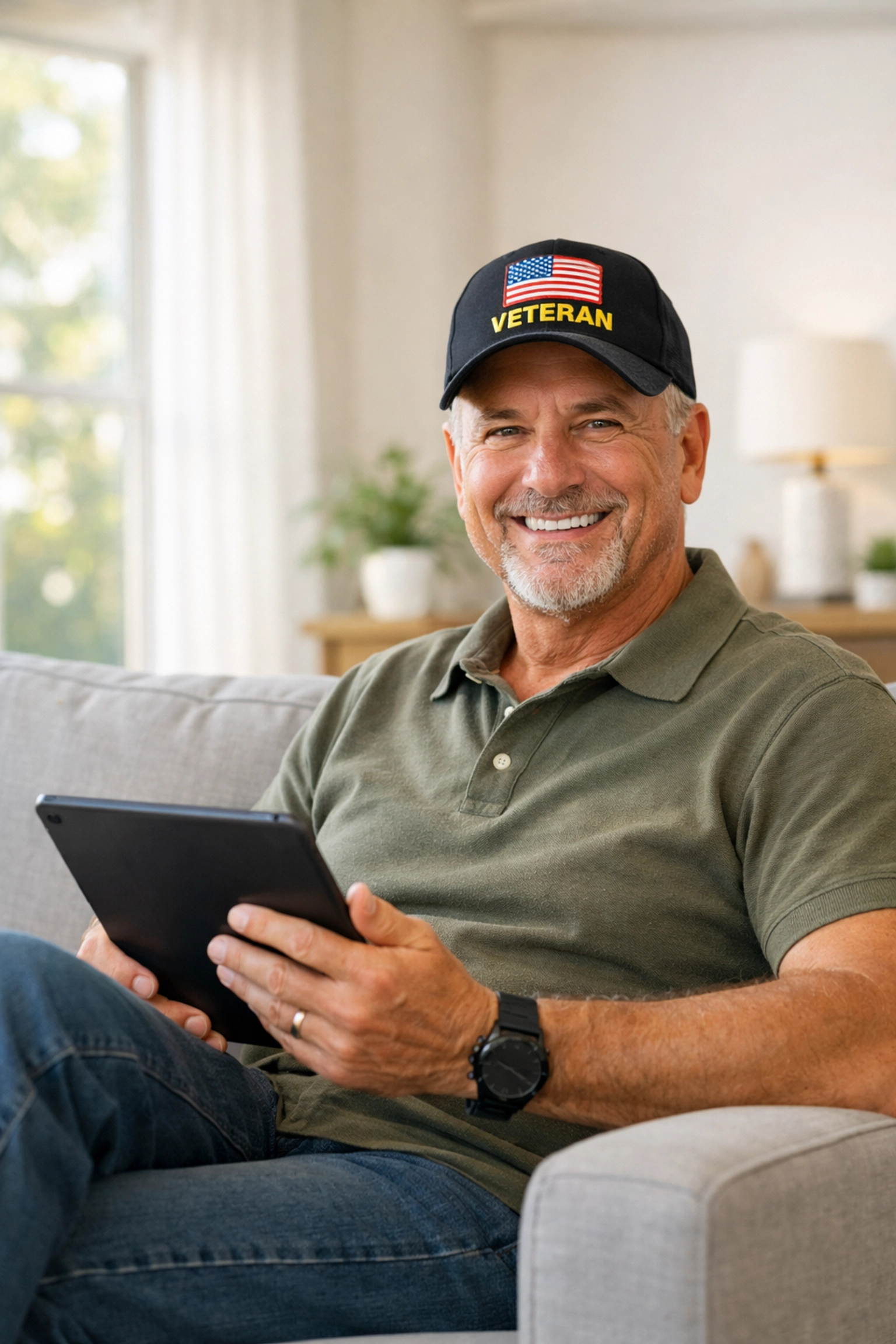 Veteran using a tablet to explore VA IRRRL refinance options in a modern living room.