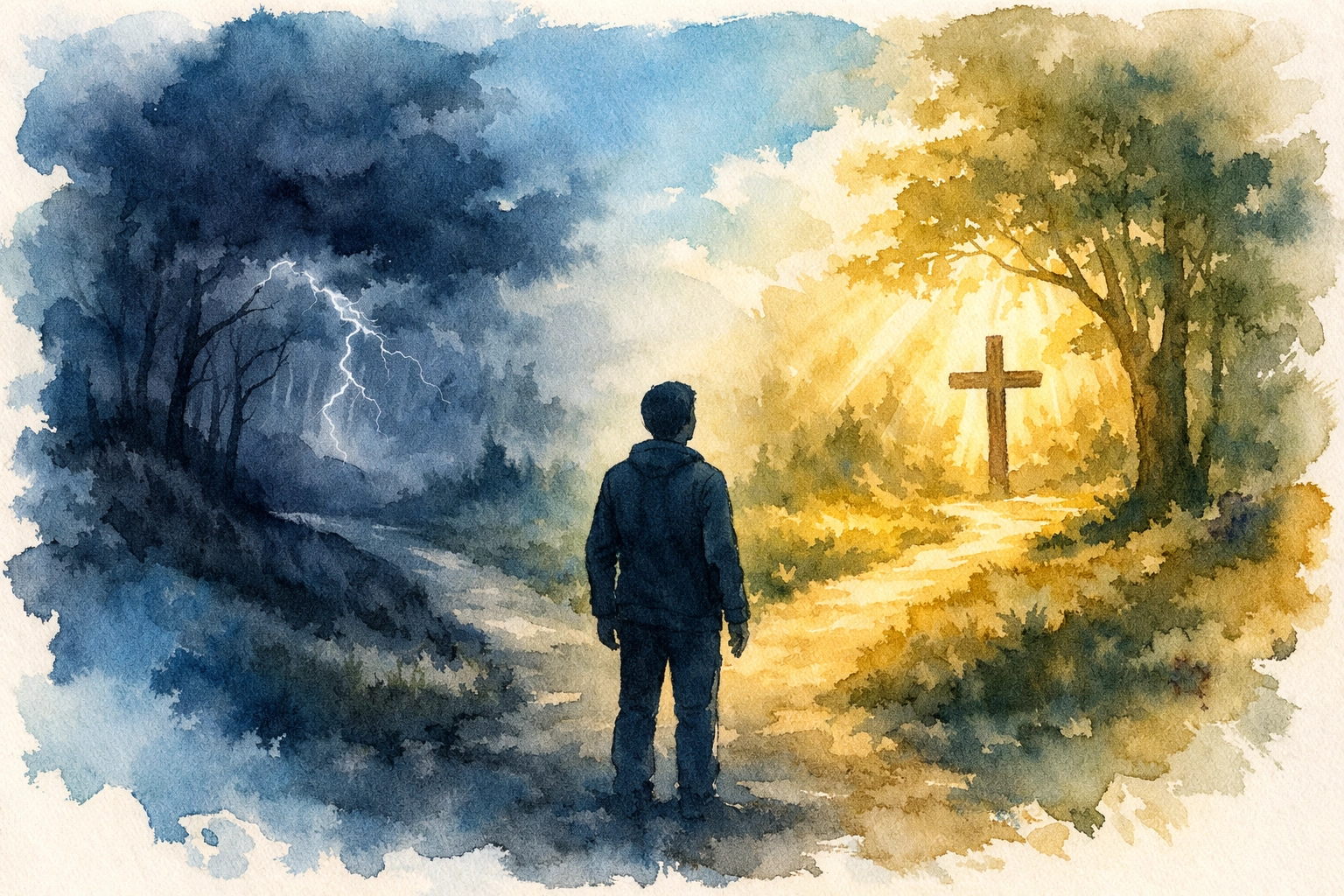 Person at a misty crossroads choosing the path of faith and light over anxiety and darkness