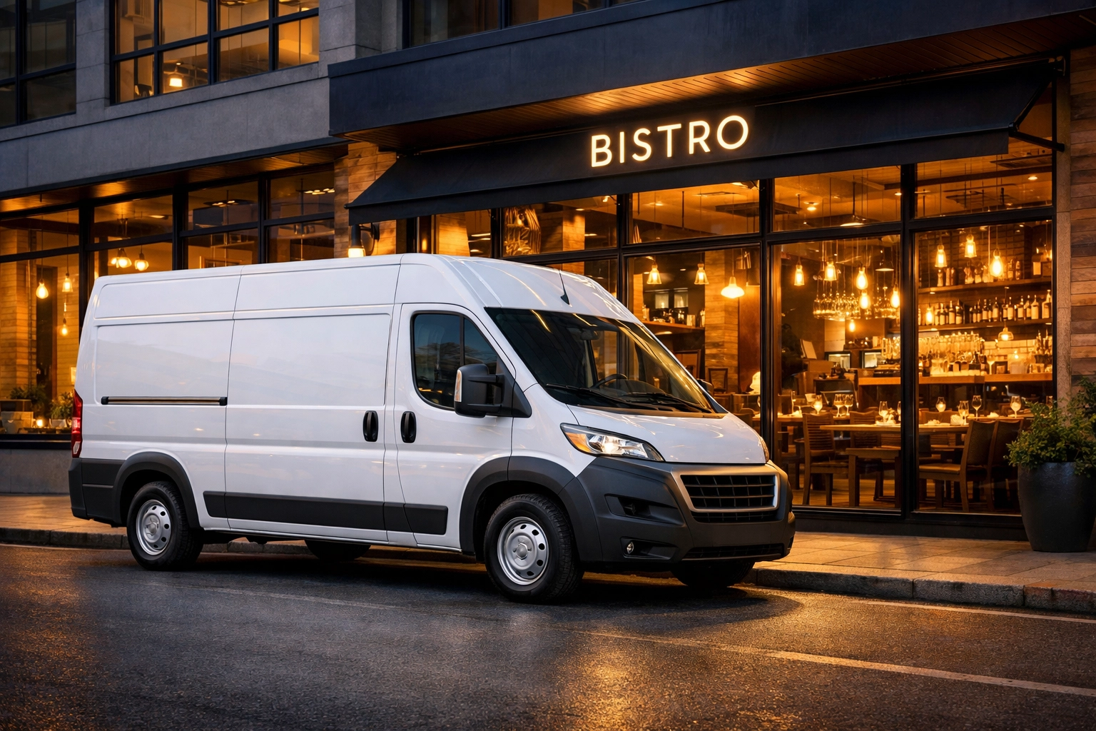 White restaurant delivery van outside a modern bistro, highlighting commercial auto insurance for fleets.