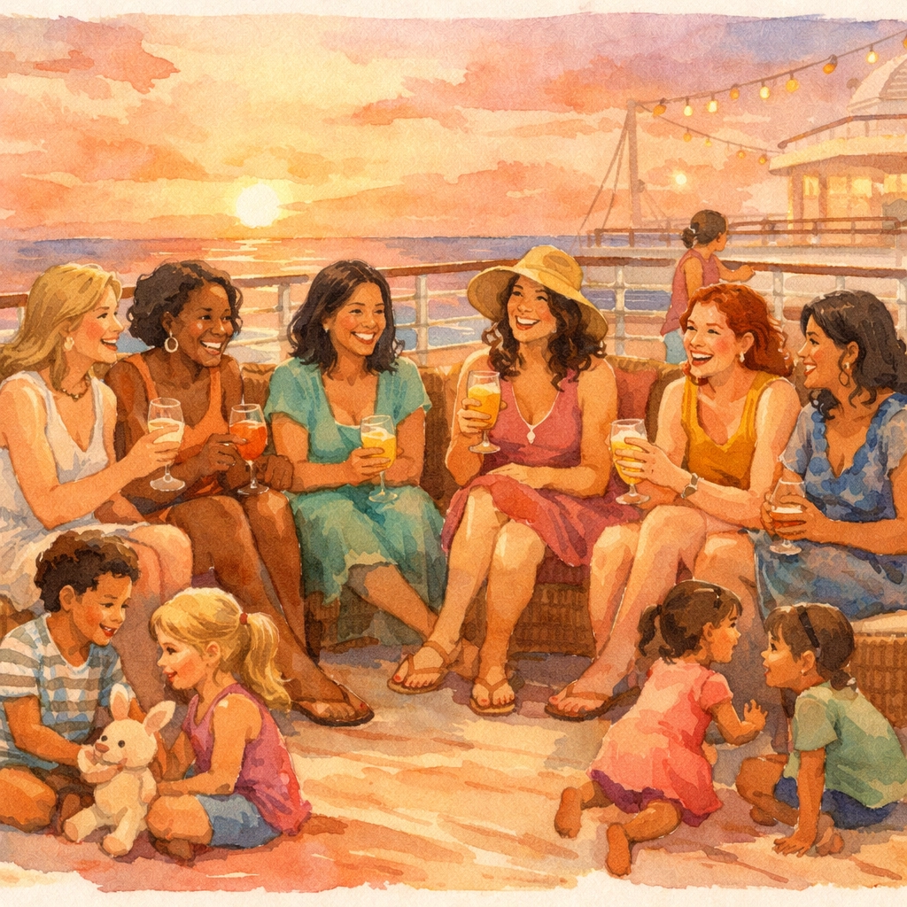 Single moms connecting on cruise ship deck during group sailing sunset gathering
