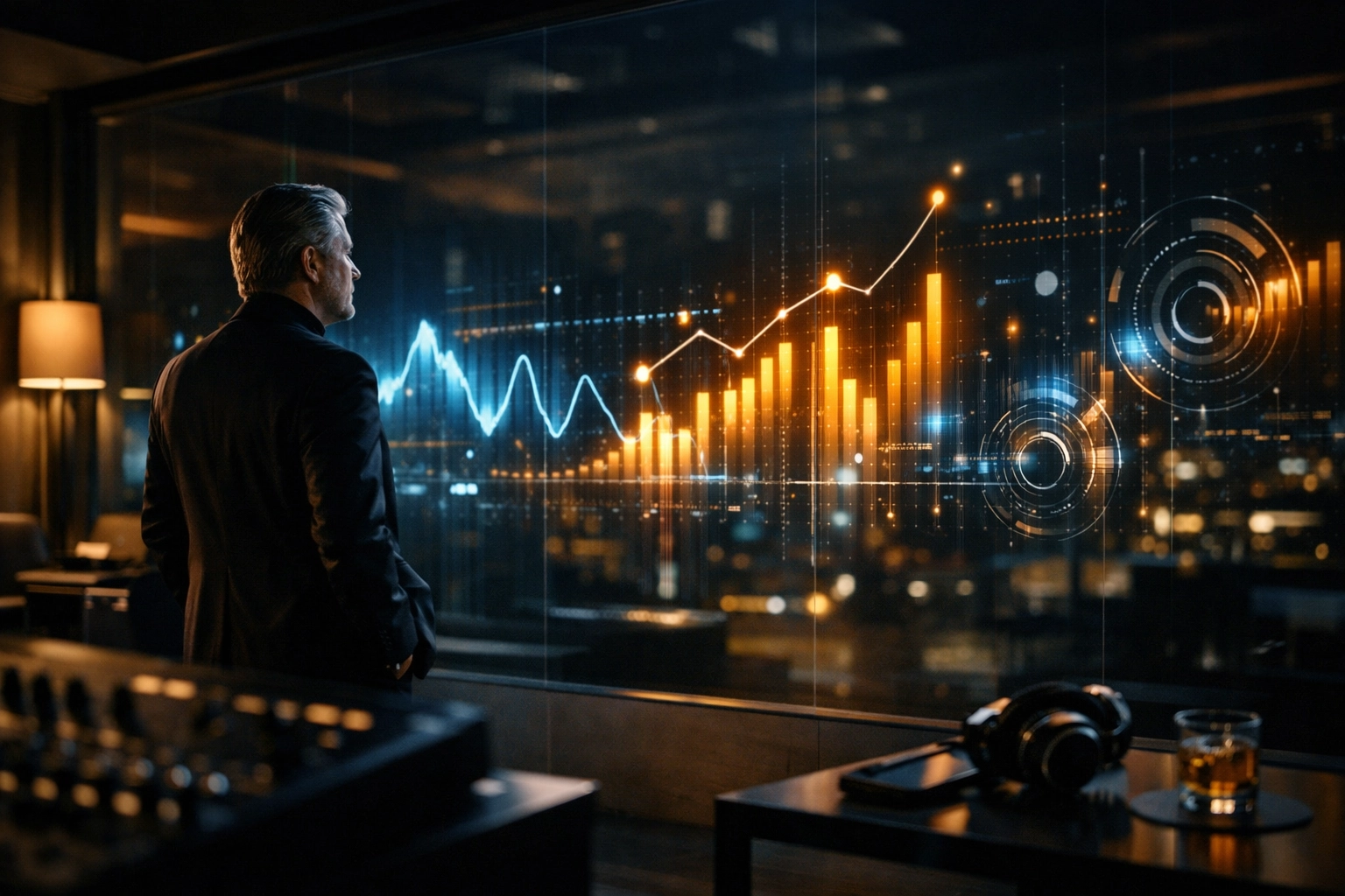 Music industry consultant analyzing data charts in a modern studio office for a 2026 music marketing plan.