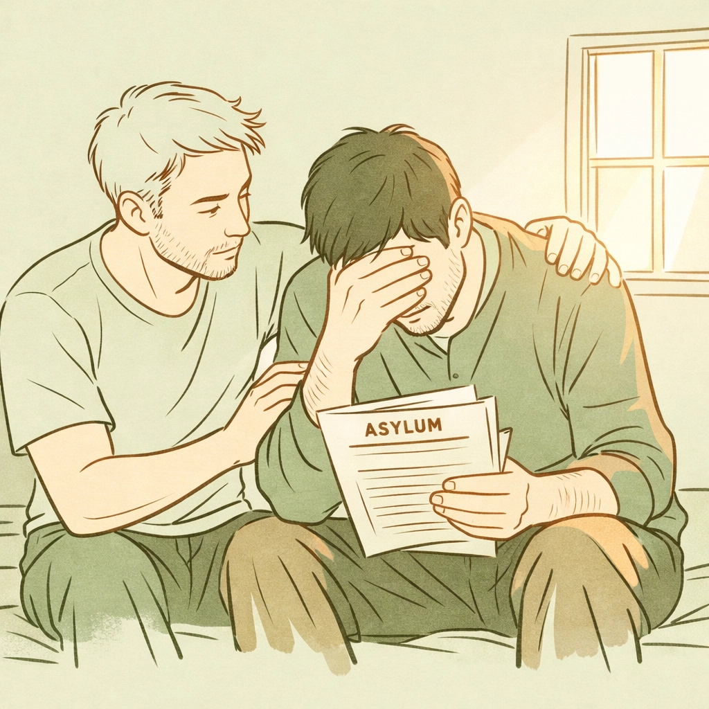 Gay couple reviewing asylum documents together showing refugee support and resilience