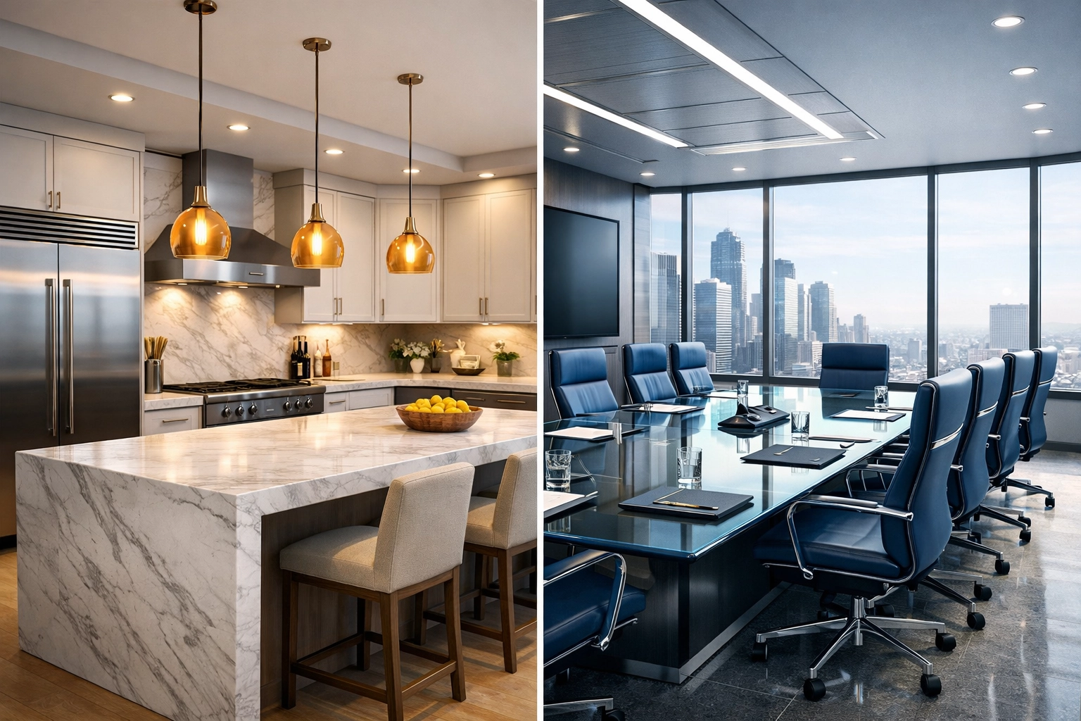 Pristine luxury residential kitchen and corporate boardroom showcasing portfolio-wide maintenance quality.