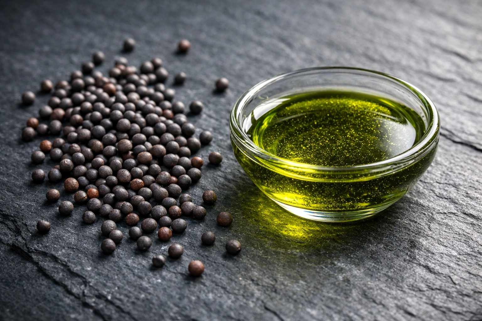 Cold-pressed broccoli seeds and nourishing green oil highlighting high-quality beard care ingredients.