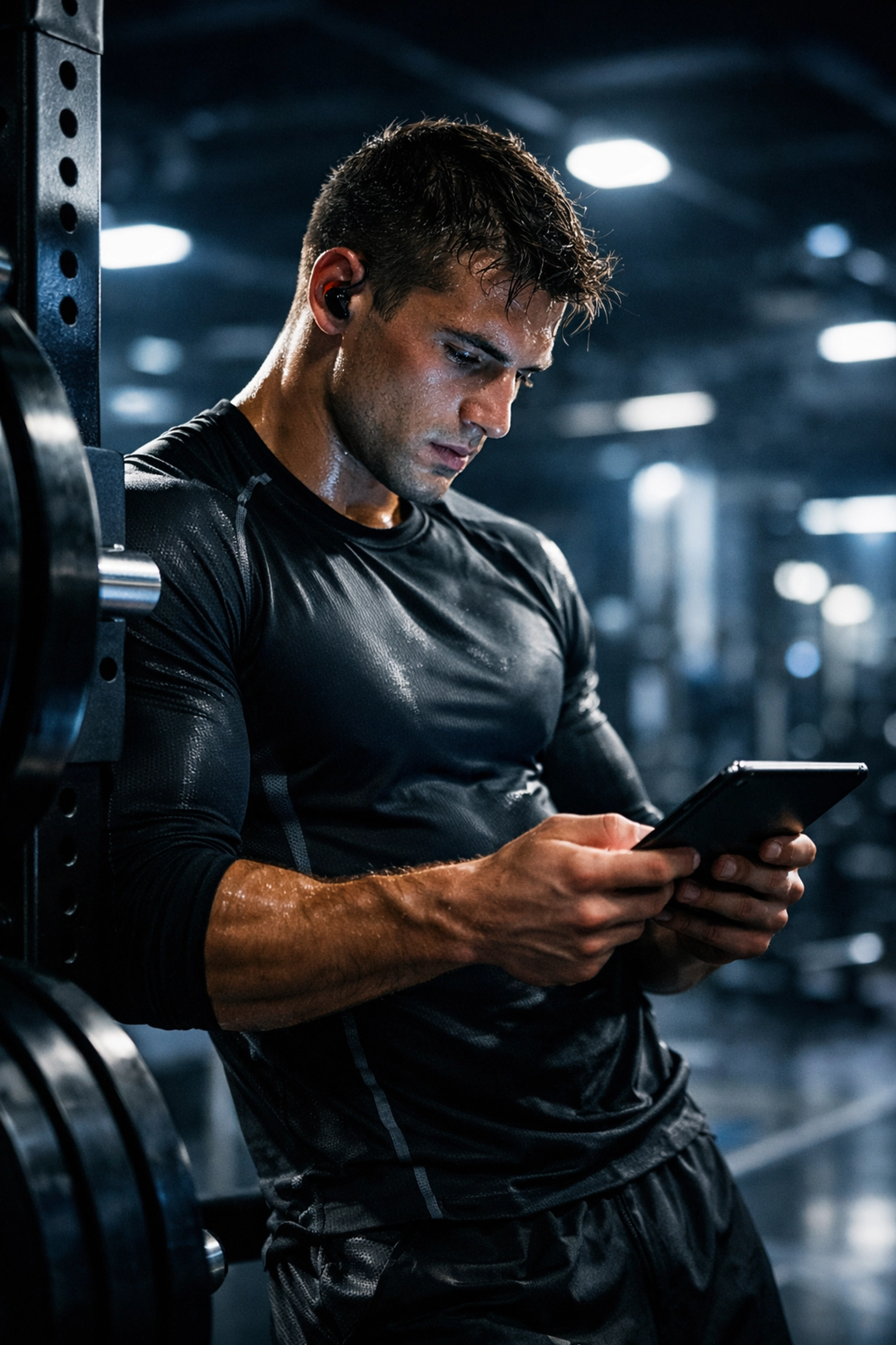Collegiate athlete in a gym managing their NIL brand and digital presence on a high-tech tablet.