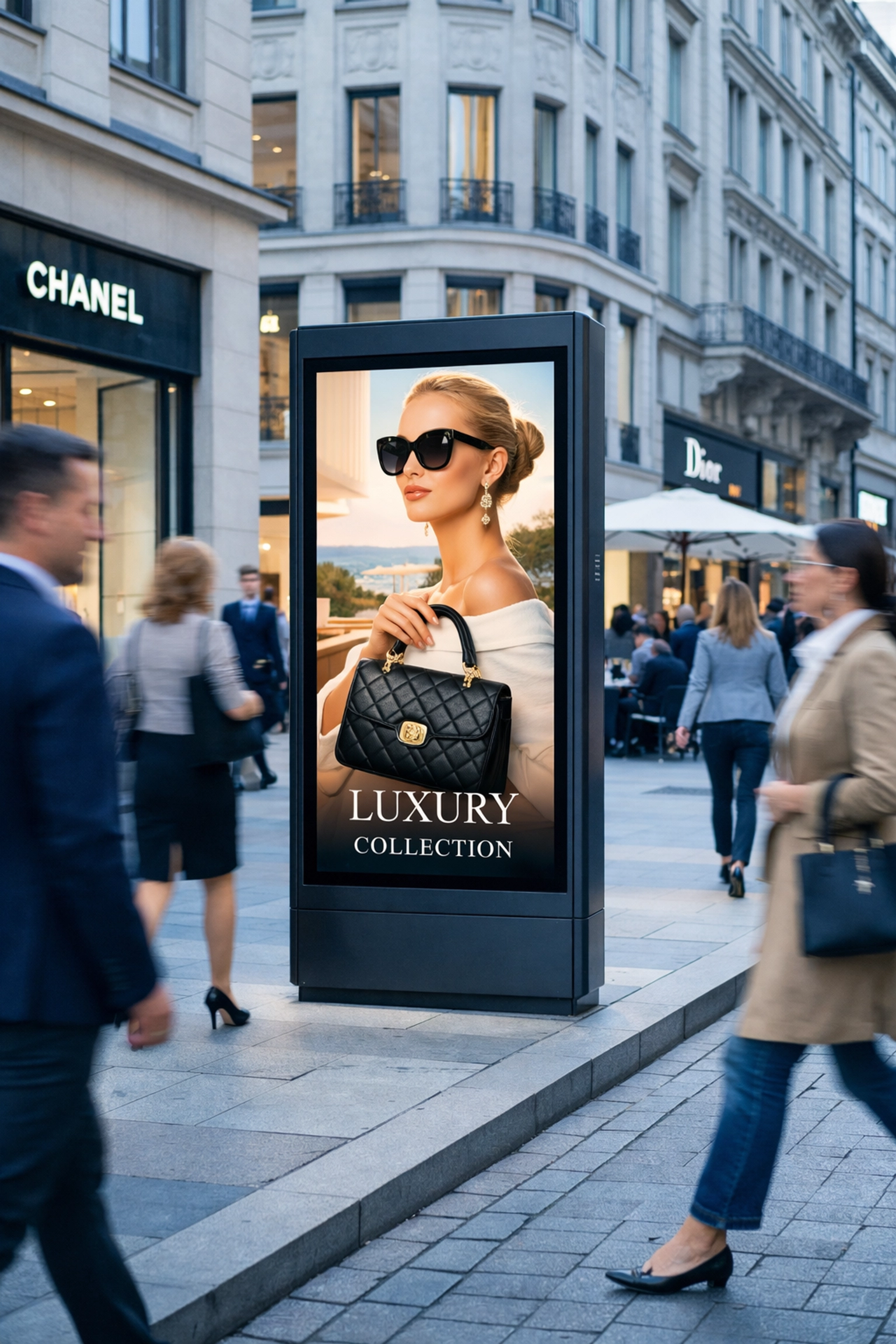 Modern DOOH advertising kiosk in a busy city center showcasing flexible campaign creatives and venue targeting.