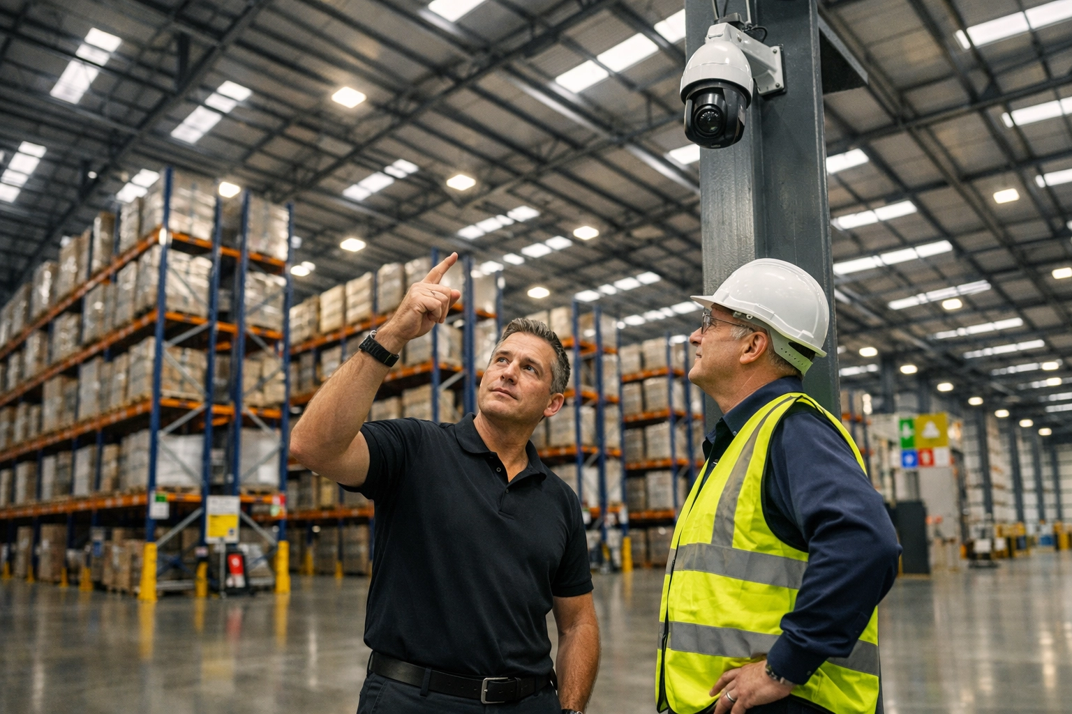 Commercial security survey in a UK warehouse for industrial CCTV and PTZ camera system installation.