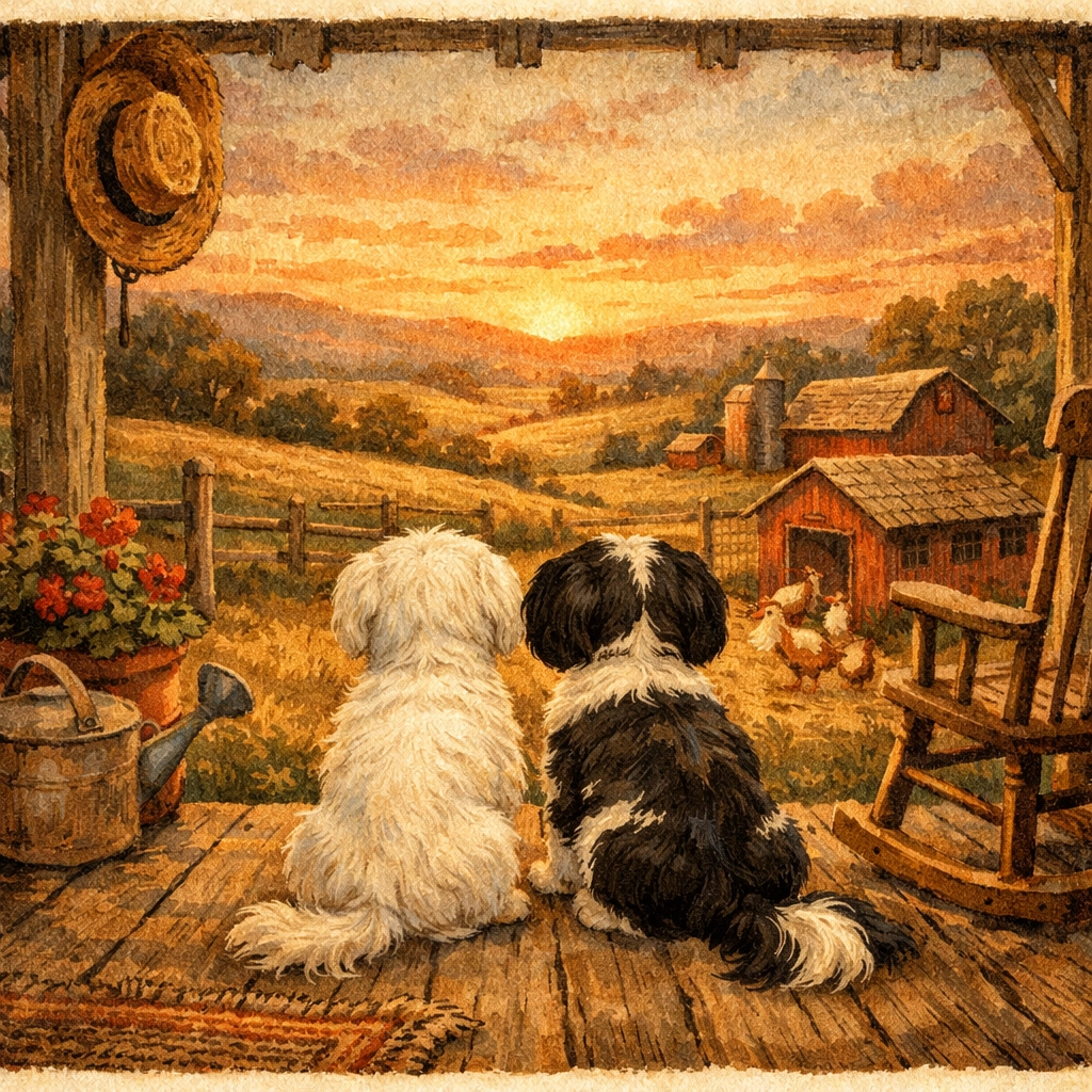 Milo the Maltese and Panda Bear the Shih Tzu supervise the farm from a vintage wooden porch.