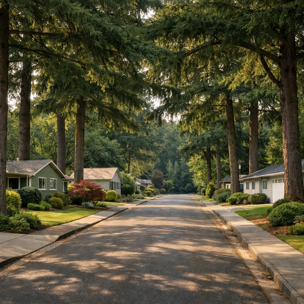 Cedar Hills residential street with mature Douglas fir canopy and mid-century homes, Beaverton Oregon